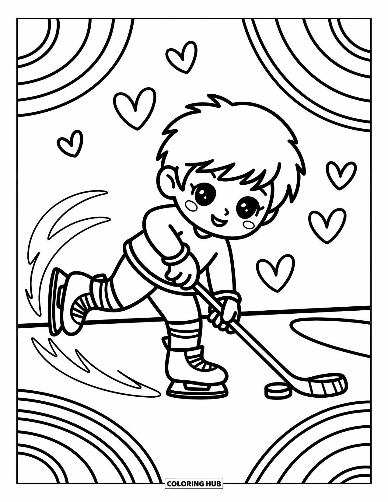 Hockey Coloring Page for Adults: A chibi boy balances a puck while skating in circles with heart trails and soft swirls