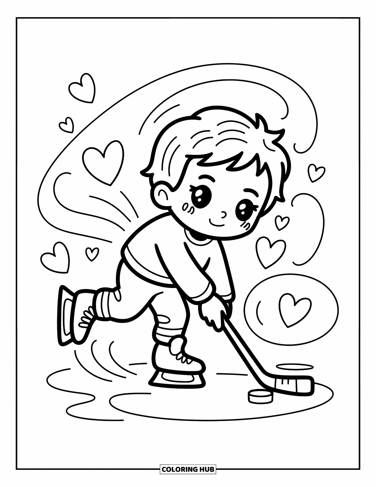 Hockey Coloring Page for Adults: A chibi boy joyfully skates with a puck, leaving heart trails and gentle swirls around him