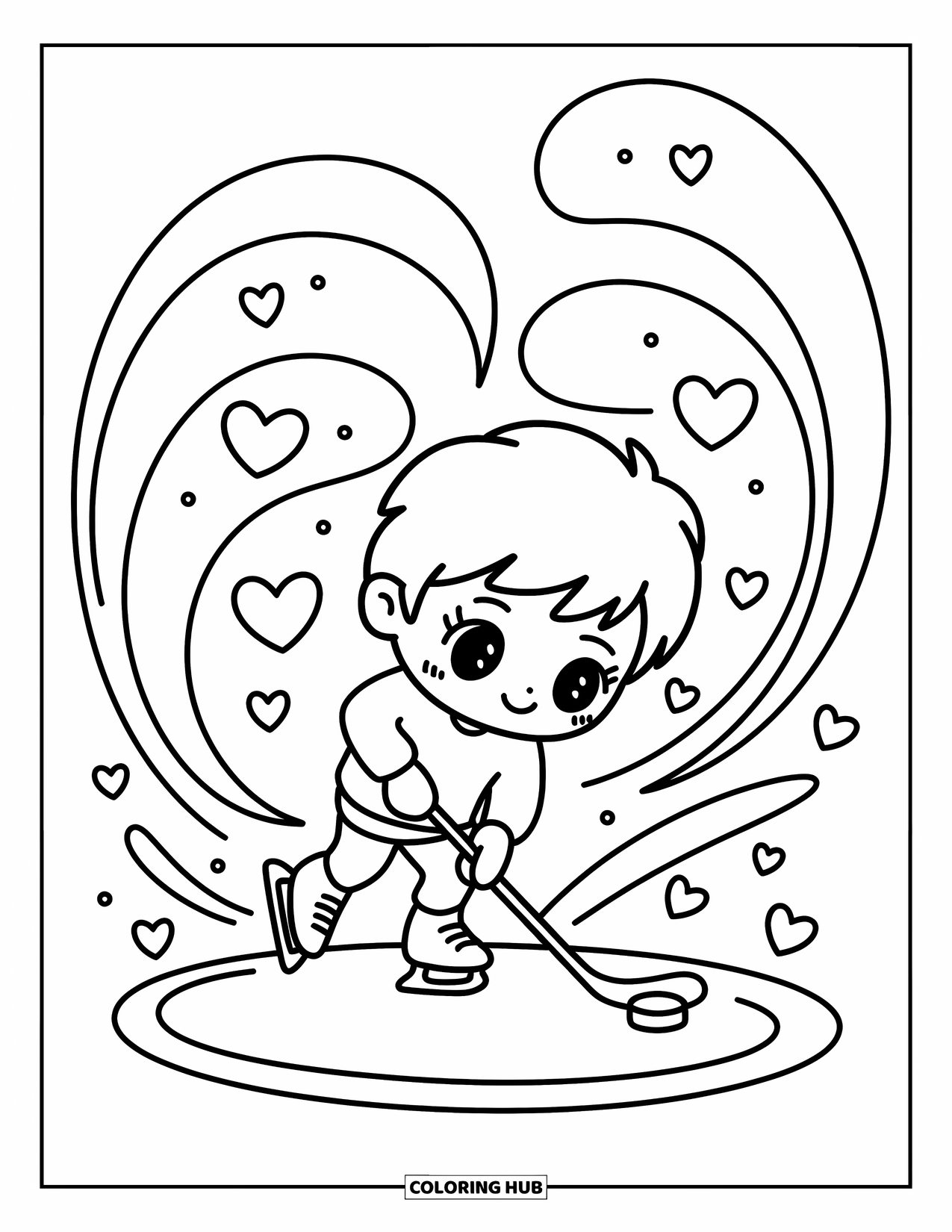 Hockey Coloring Page for Adults: A chibi boy skates in circles balancing a puck, trailed by heart-shaped motion swirls