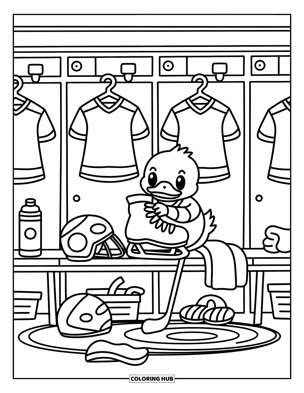 Hockey Coloring Page for Adults: A chibi duck gets ready in a locker room filled with jerseys, gear, and playful details