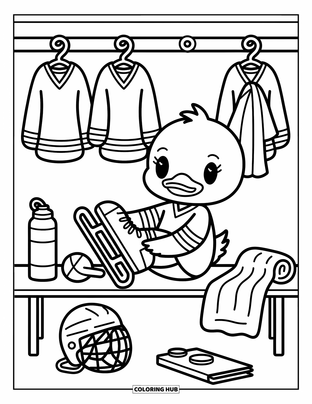 Hockey Coloring Page for Adults: A chibi duck player laces skates in a locker room filled with jerseys and cozy little gear