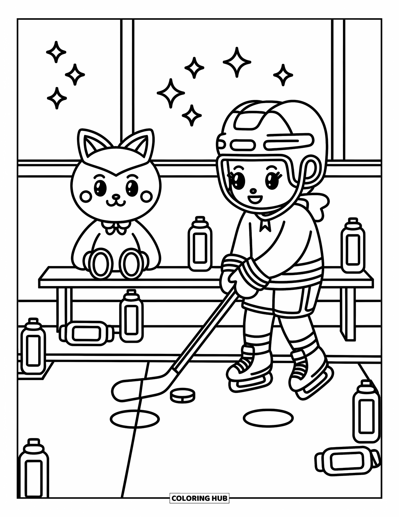 Hockey Coloring Page for Adults: A chibi hockey player passes the puck to their younger sibling on a cozy practice rink