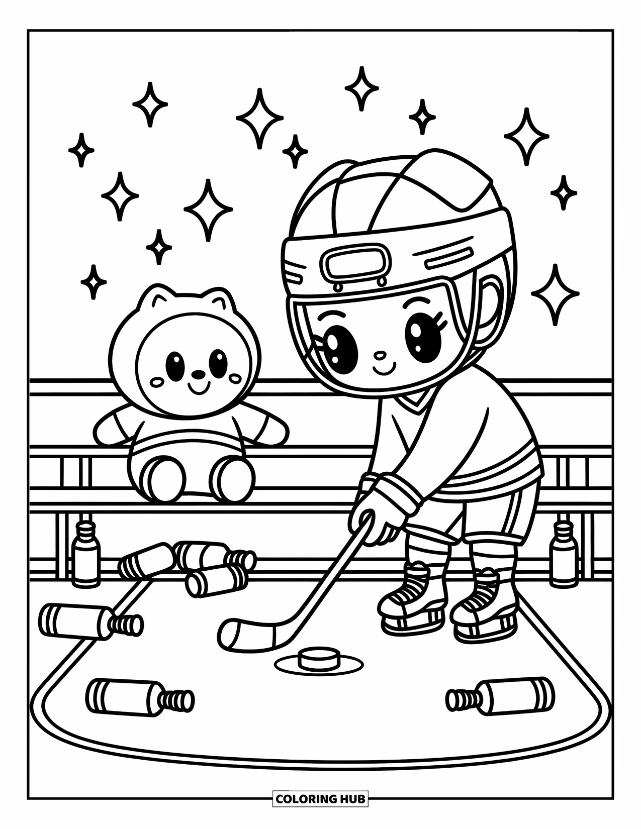 Hockey Coloring Page for Adults: A chibi hockey player passes the puck while a plushie mascot sits happily on the bench