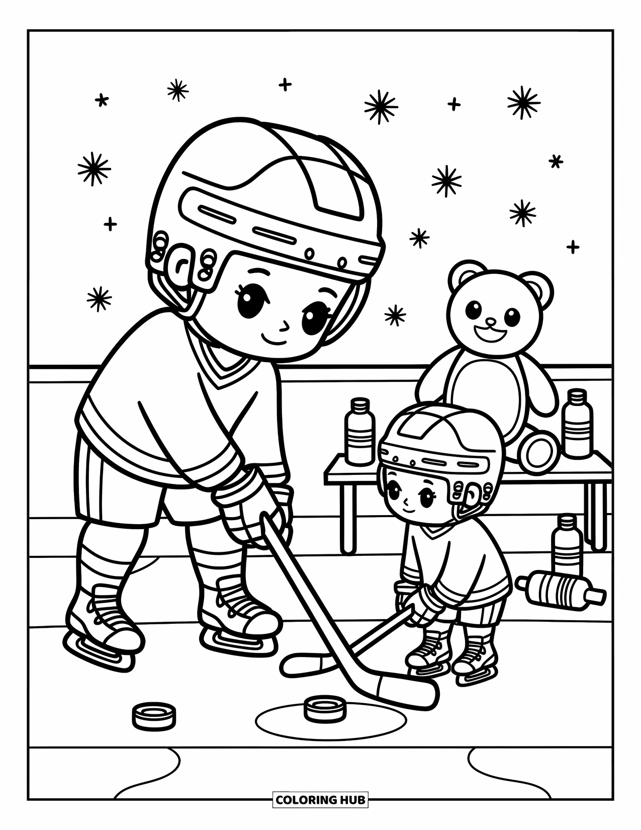 Hockey Coloring Page for Adults: A chibi hockey player shares the puck with their sibling on a tiny, playful practice rink