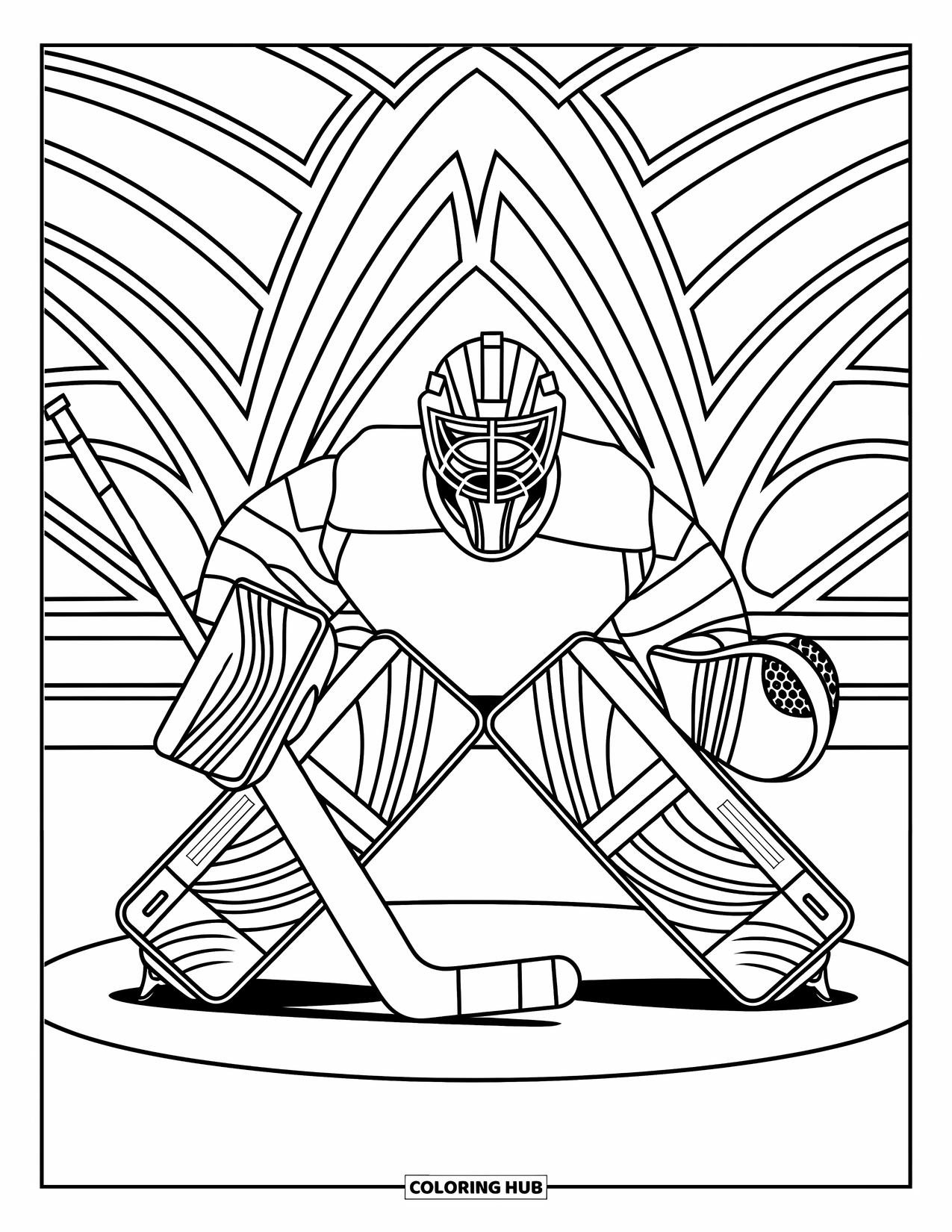 Hockey Coloring Page for Adults: A crouched goalie in patterned gear is framed by swirling lines and geometric borders