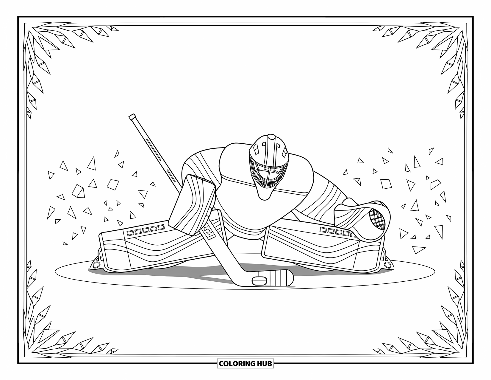 Hockey Coloring Page for Adults: A dramatic goalie save unfolds with swirling ice and crystal patterns in the background