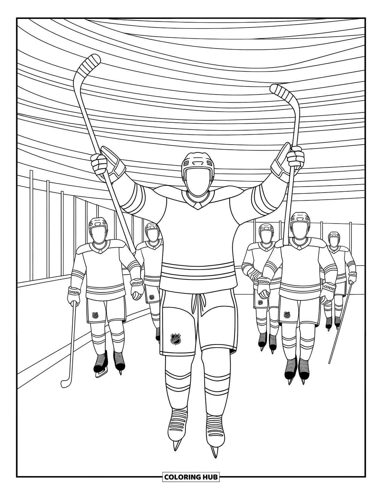 Hockey Coloring Page for Adults: A goal-scoring player cheers with raised arms as teammates approach on a patterned rink