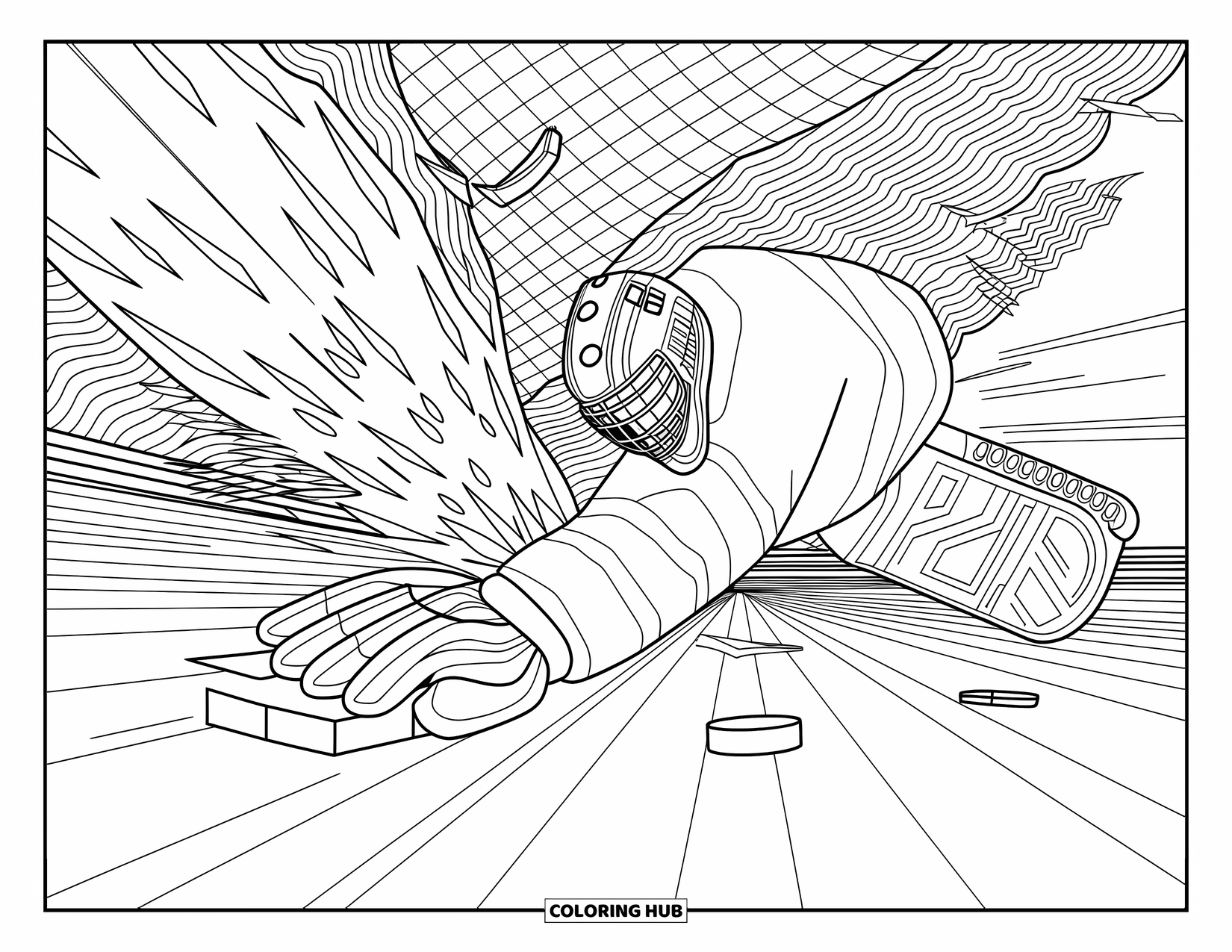 Hockey Coloring Page for Adults: A goalie reaches out dramatically for a puck as ice shatters and patterns fill the rink