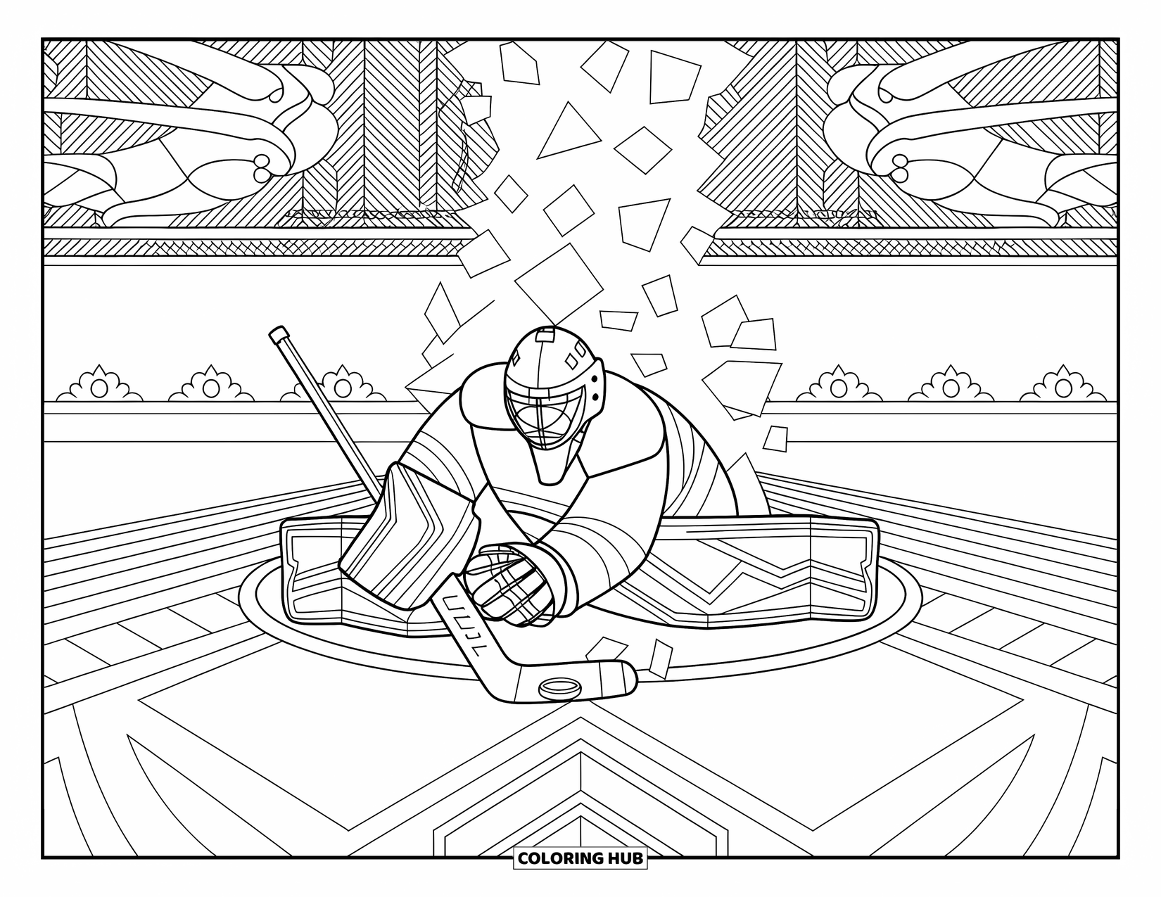 Hockey Coloring Page for Adults: A goalie stretches for a puck mid-save with ice fragments and patterns surrounding the scene