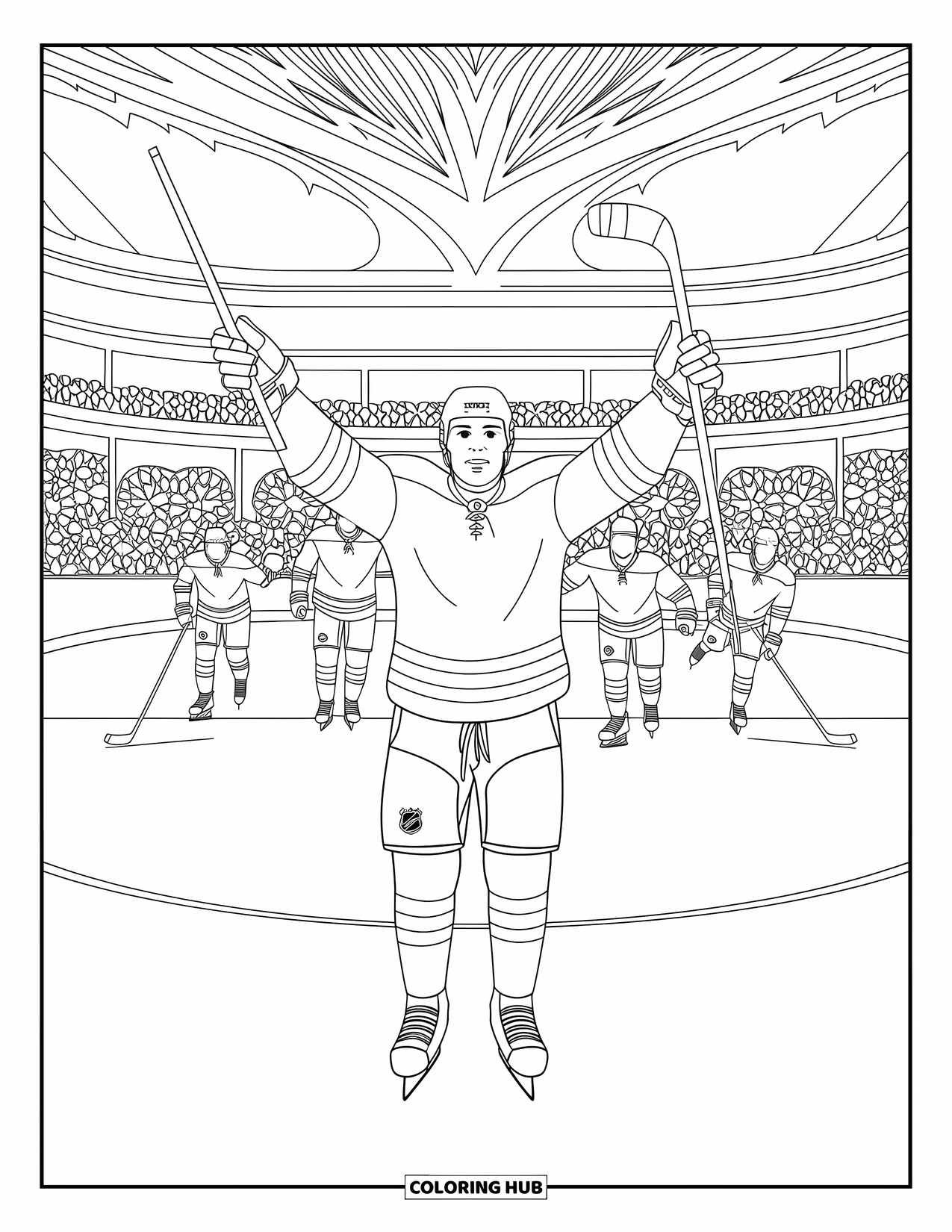 Hockey Coloring Page for Adults: A hockey player raises their arms in celebration as teammates skate in with excitement