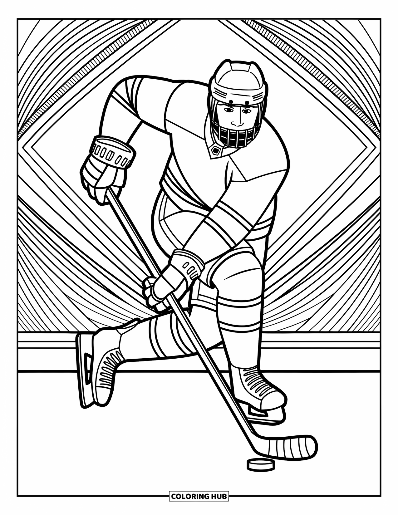 Hockey Coloring Page for Adults: A hockey player winds up mid-slapshot, surrounded by swirling patterns and crisp motion lines