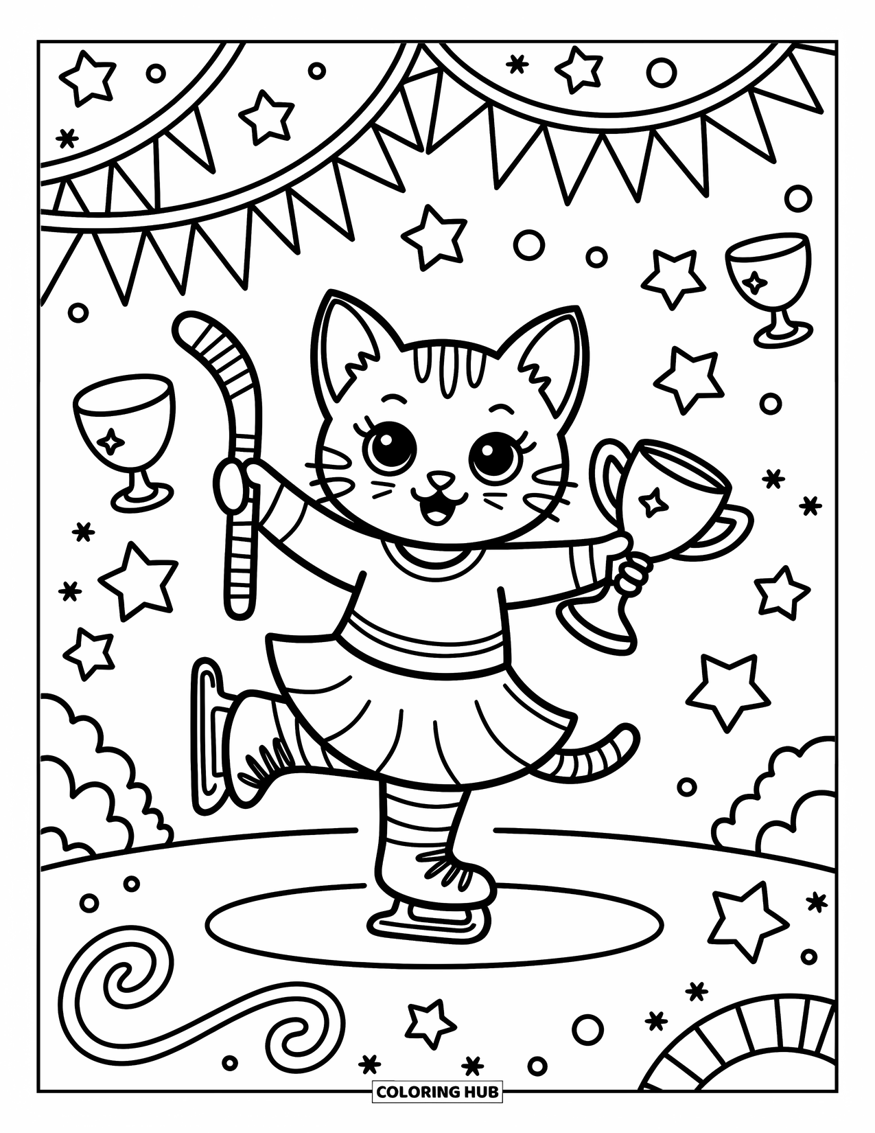 Hockey Coloring Page for Adults: A kitten spins on one skate with a trophy and stick, surrounded by stars and ribbons