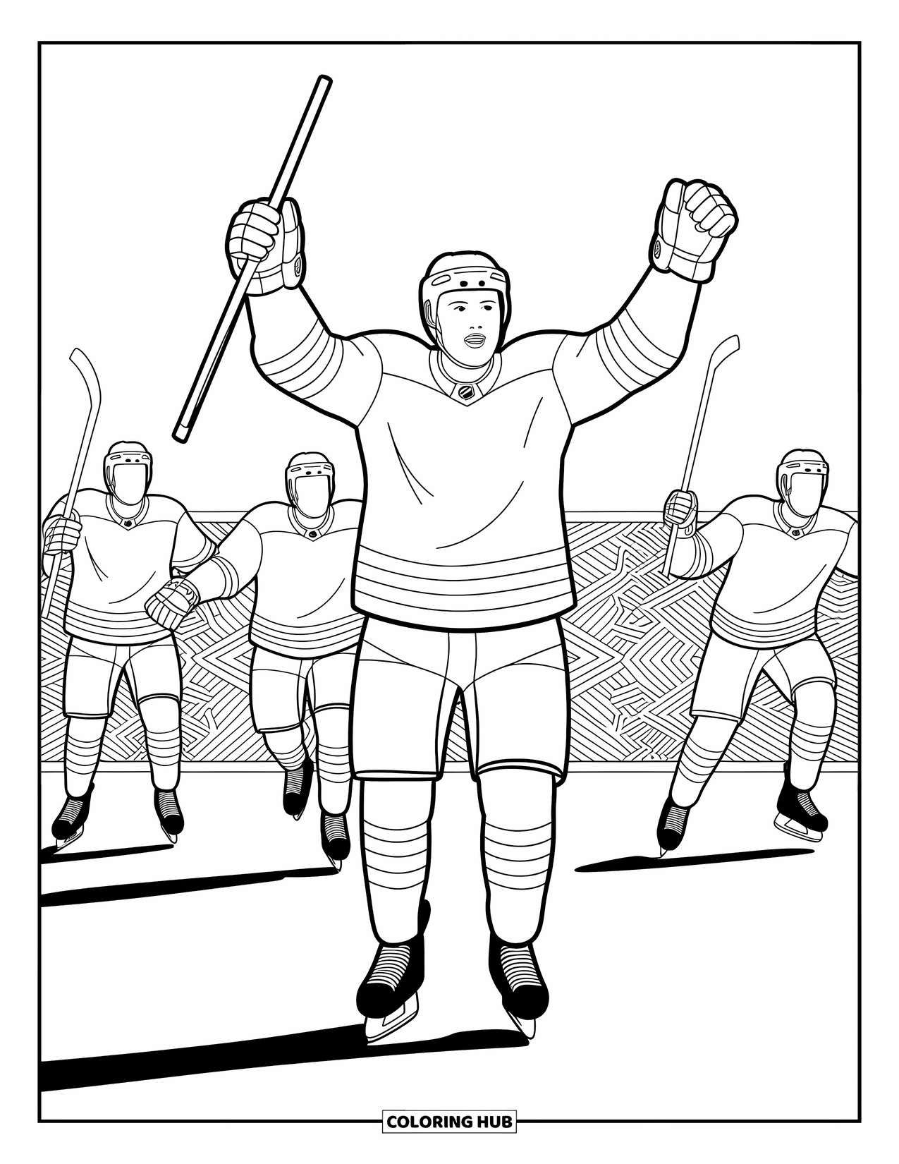 Hockey Coloring Page for Adults: A player celebrates a goal with arms up while teammates race in from different directions
