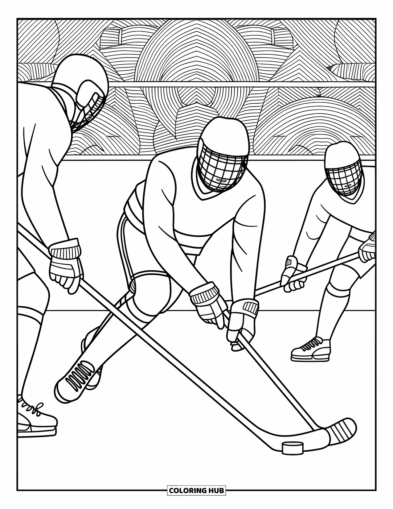 Hockey Coloring Page for Adults: A player skillfully glides past defenders with detailed backgrounds full of elegant designs