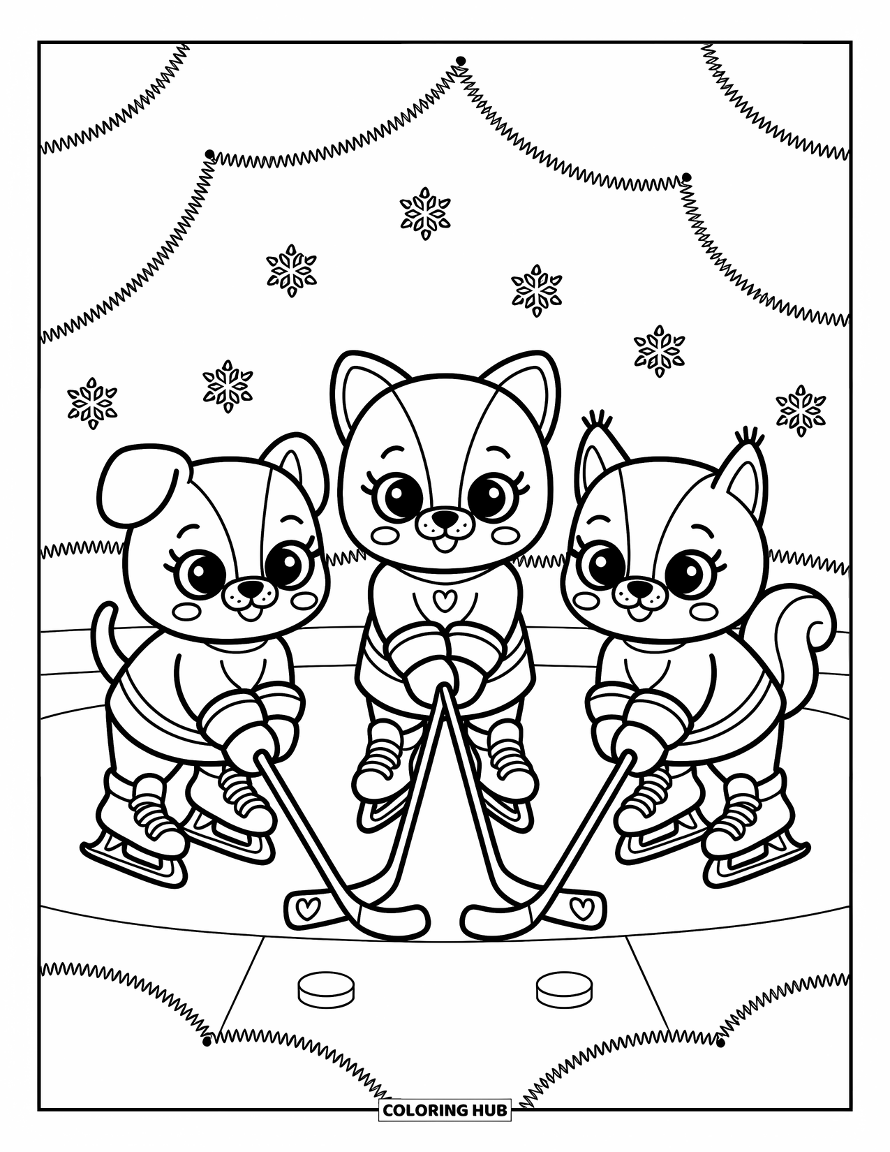Hockey Coloring Page for Adults: A puppy, kitten, and squirrel face off on the ice with big gloves and heart-detailed skates