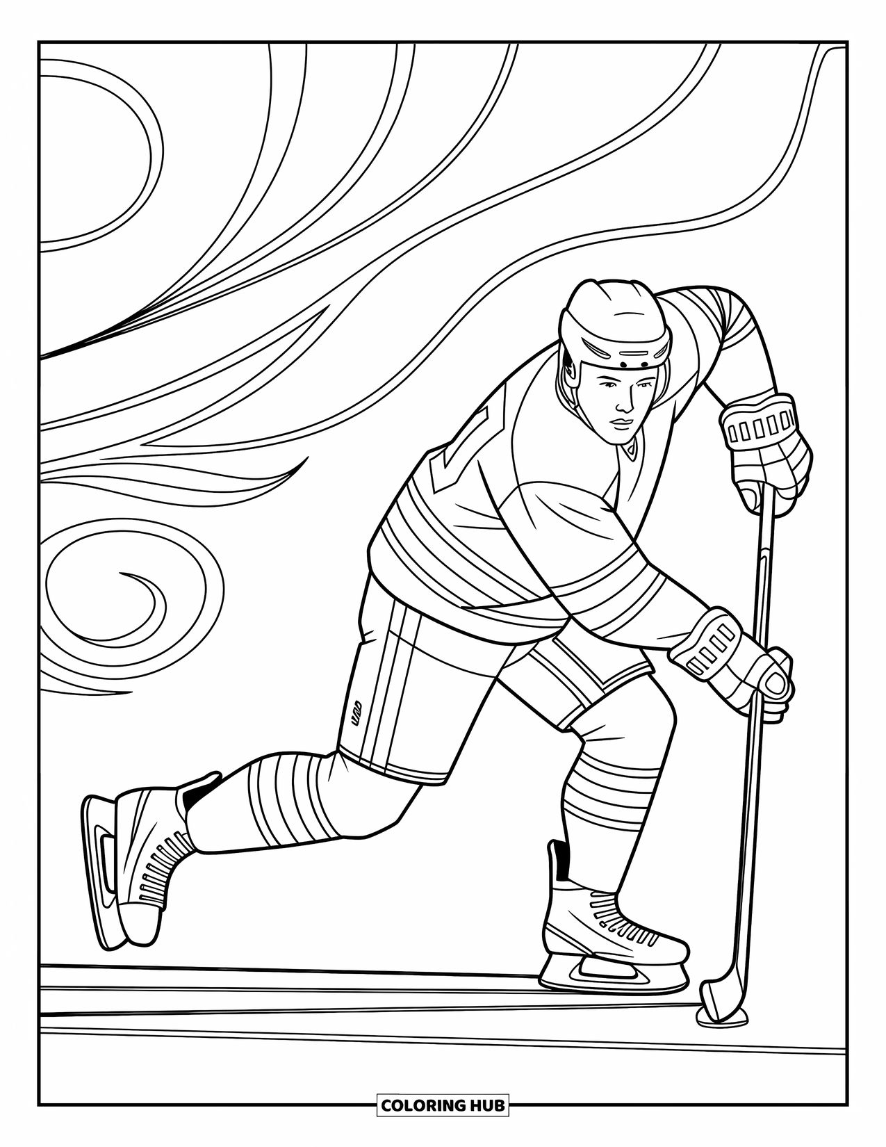 Hockey Coloring Page for Adults: A skater strikes a slapshot with flowing uniform folds and ornate patterns in the background