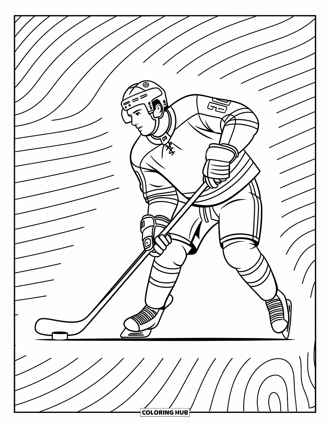 Hockey Coloring Page for Adults: A slapshot in motion shows a dynamic player with swirling patterns surrounding the scene