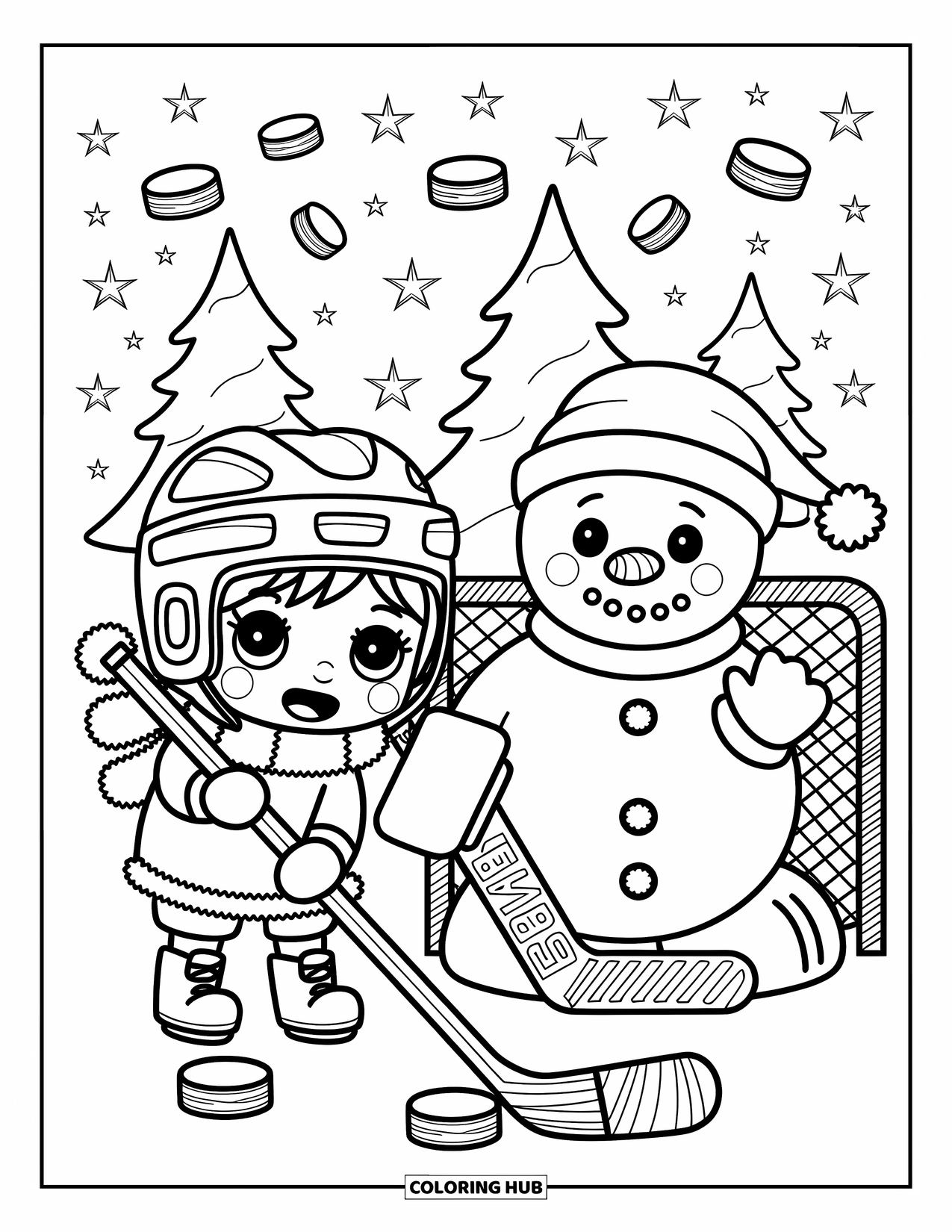 Hockey Coloring Page for Adults: A tiny chibi player struggles with a big stick next to a snowman in goalie gloves