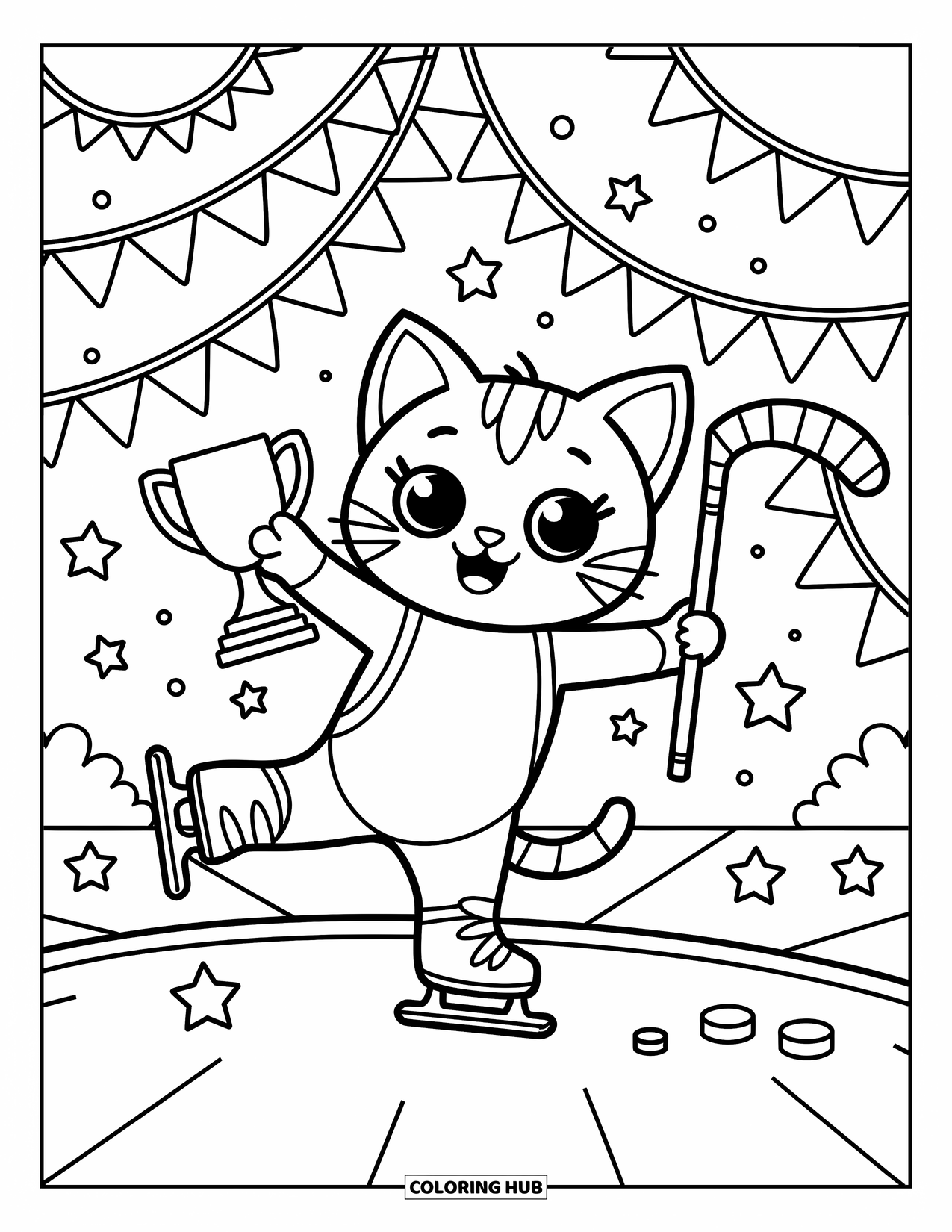 Hockey Coloring Page for Adults: A twirling kitten balances a trophy and hockey stick among floating stars and banners