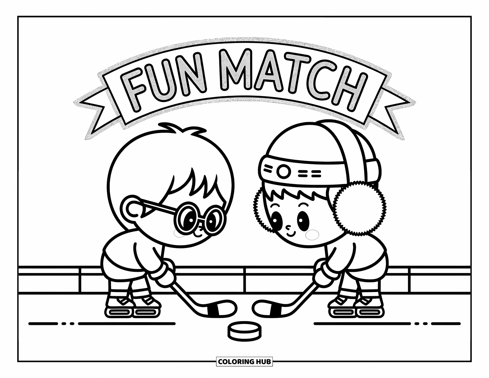 Hockey Coloring Page for Adults: Chibi kids with glasses and earmuffs face off under a "Fun Match" banner on center ice