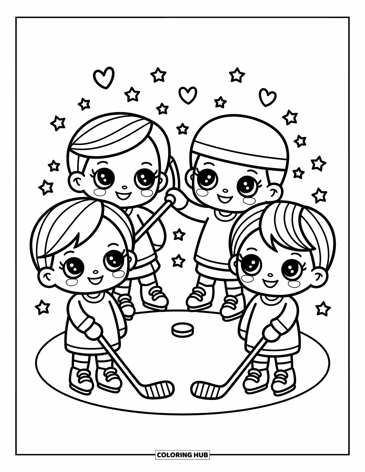 Hockey Coloring Page for Adults: Four chibi kids strike fun poses on the ice with floating stars, hearts, and hockey gear