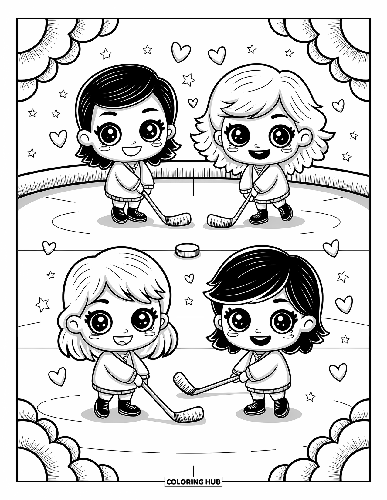 Hockey Coloring Page for Adults: Four silly chibi kids show off fun poses with stars and hearts floating in the air