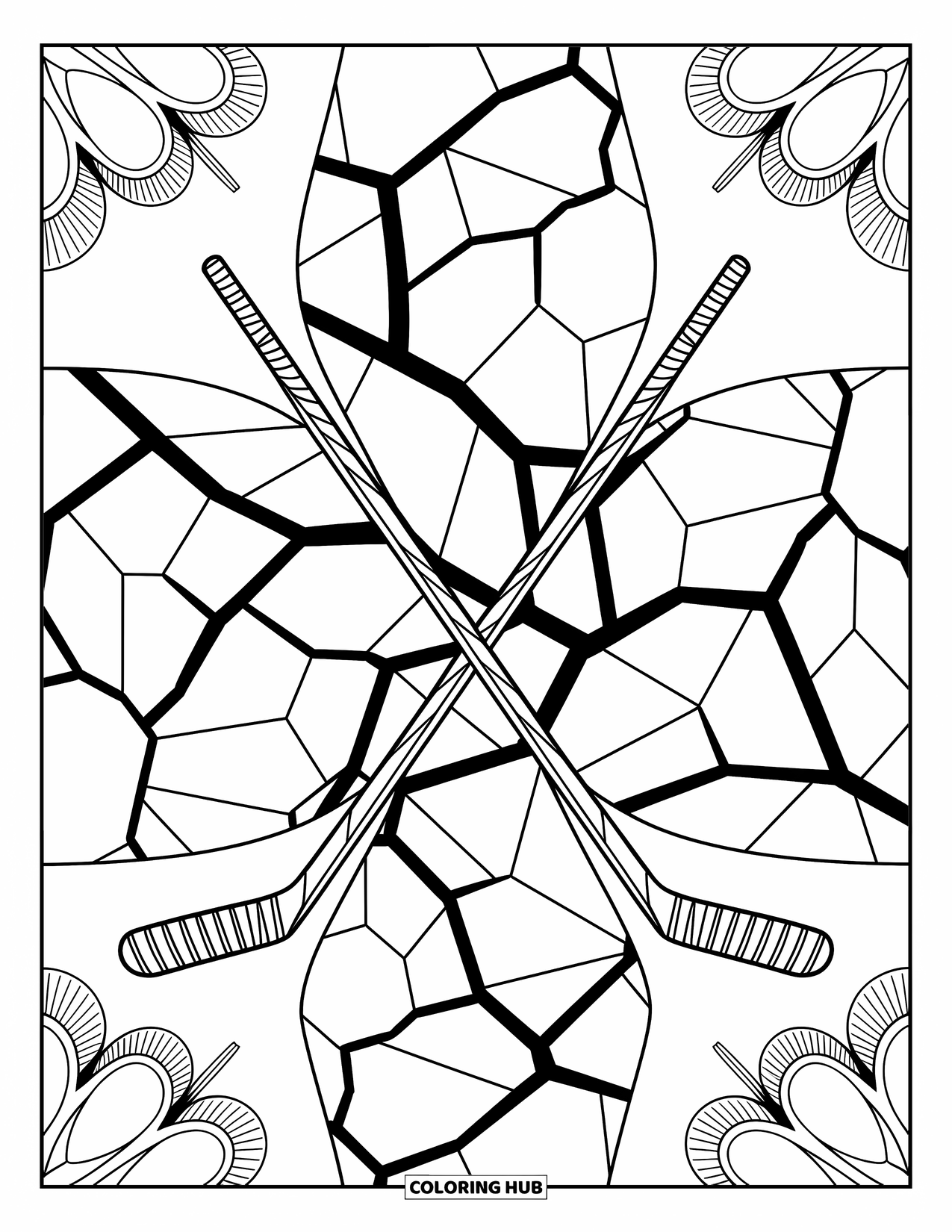 Hockey Coloring Page for Adults: Frozen lake lines and hockey sticks spiral into a mandala filled with detailed designs