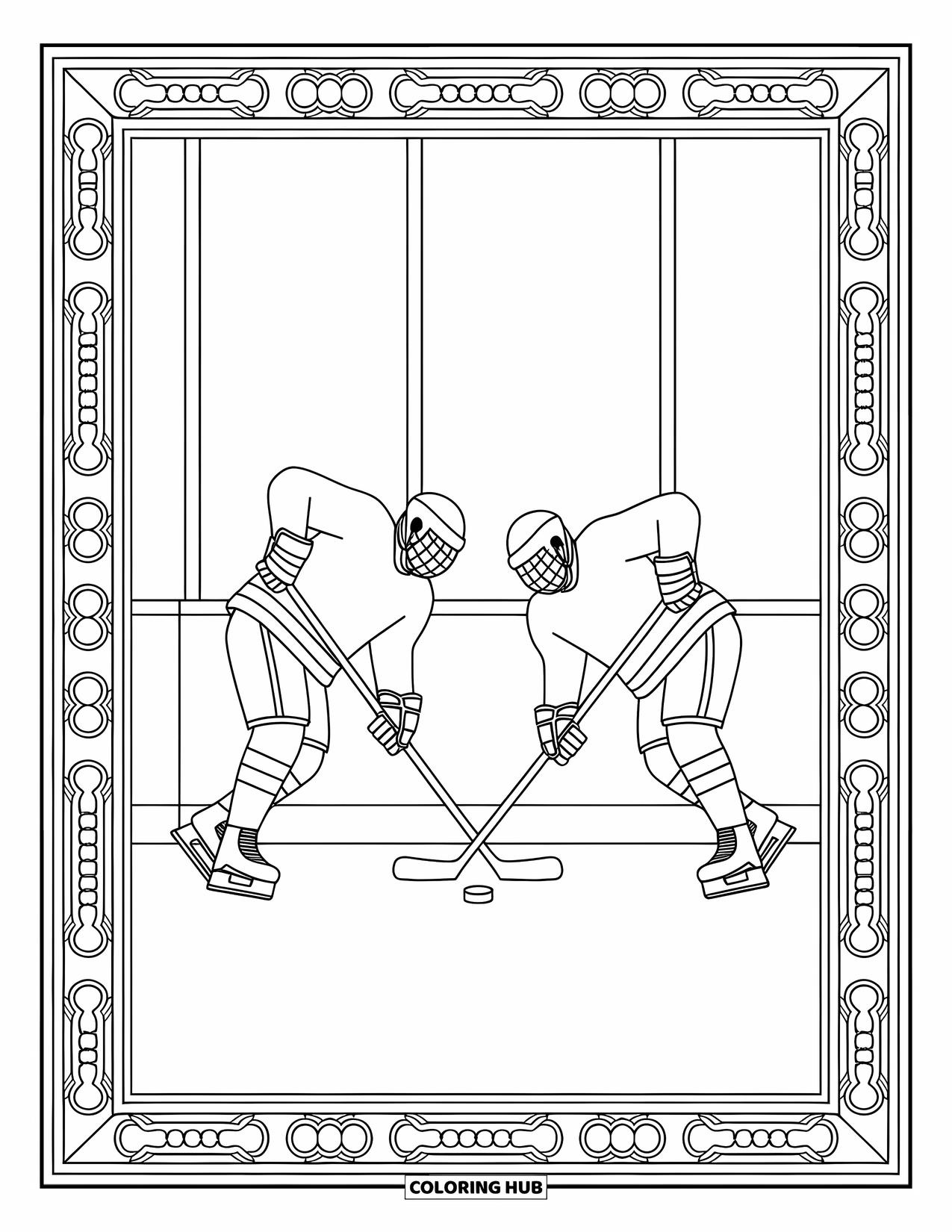 Hockey Coloring Page for Adults: Players crash into the boards mid-air as a puck floats between them with swirling patterns