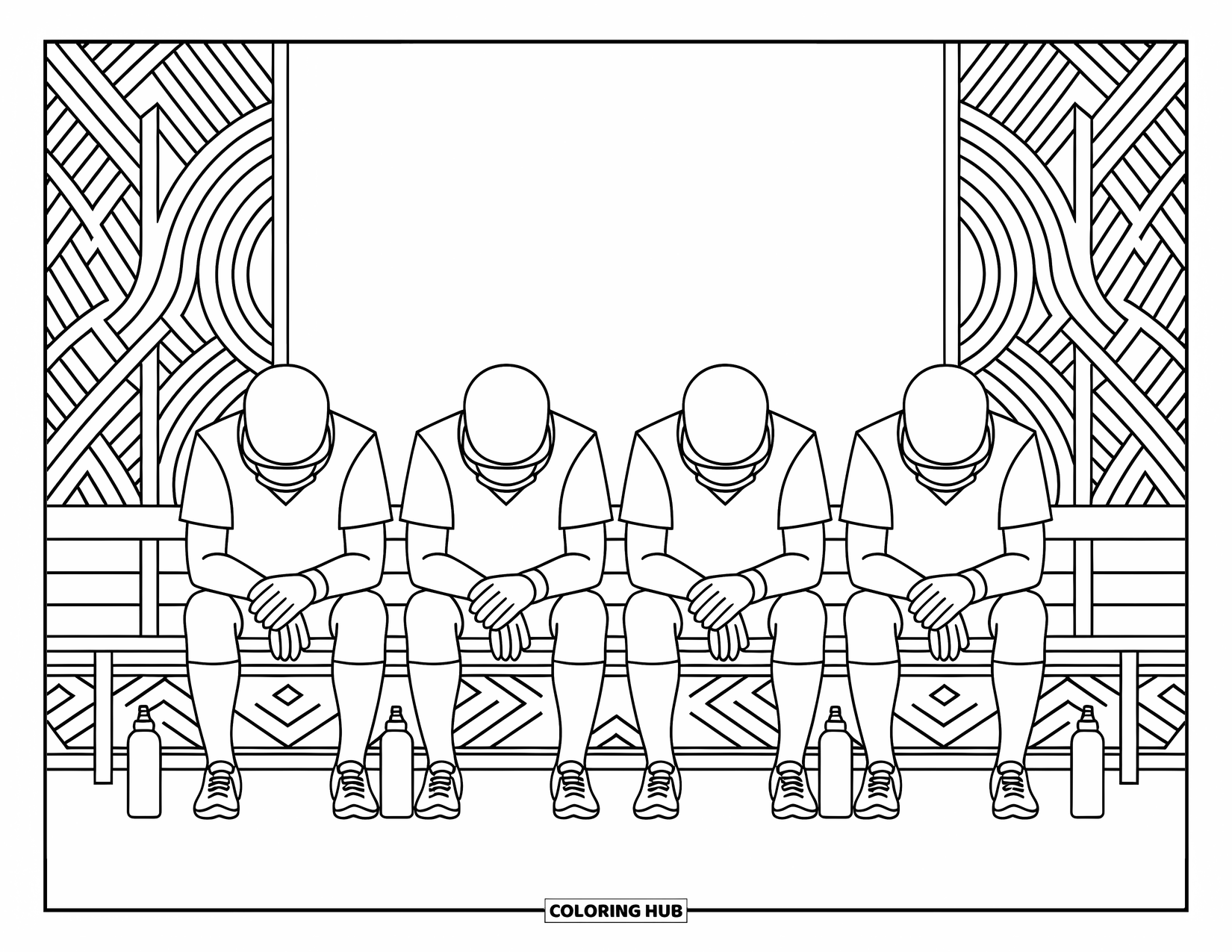 Hockey Coloring Page for Adults: Players rest on a bench with gloves on their knees and water bottles nearby in a calm scene