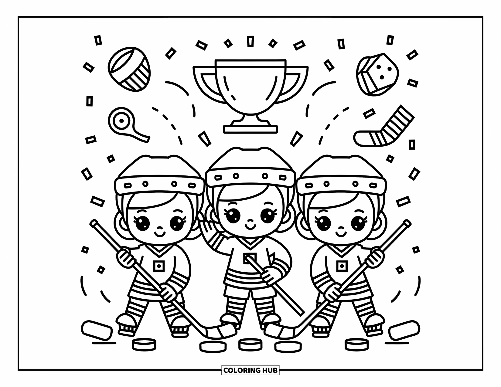 Hockey Coloring Page for Adults: Three chibi hockey players pose with confetti and floating gear, each holding their stick differently