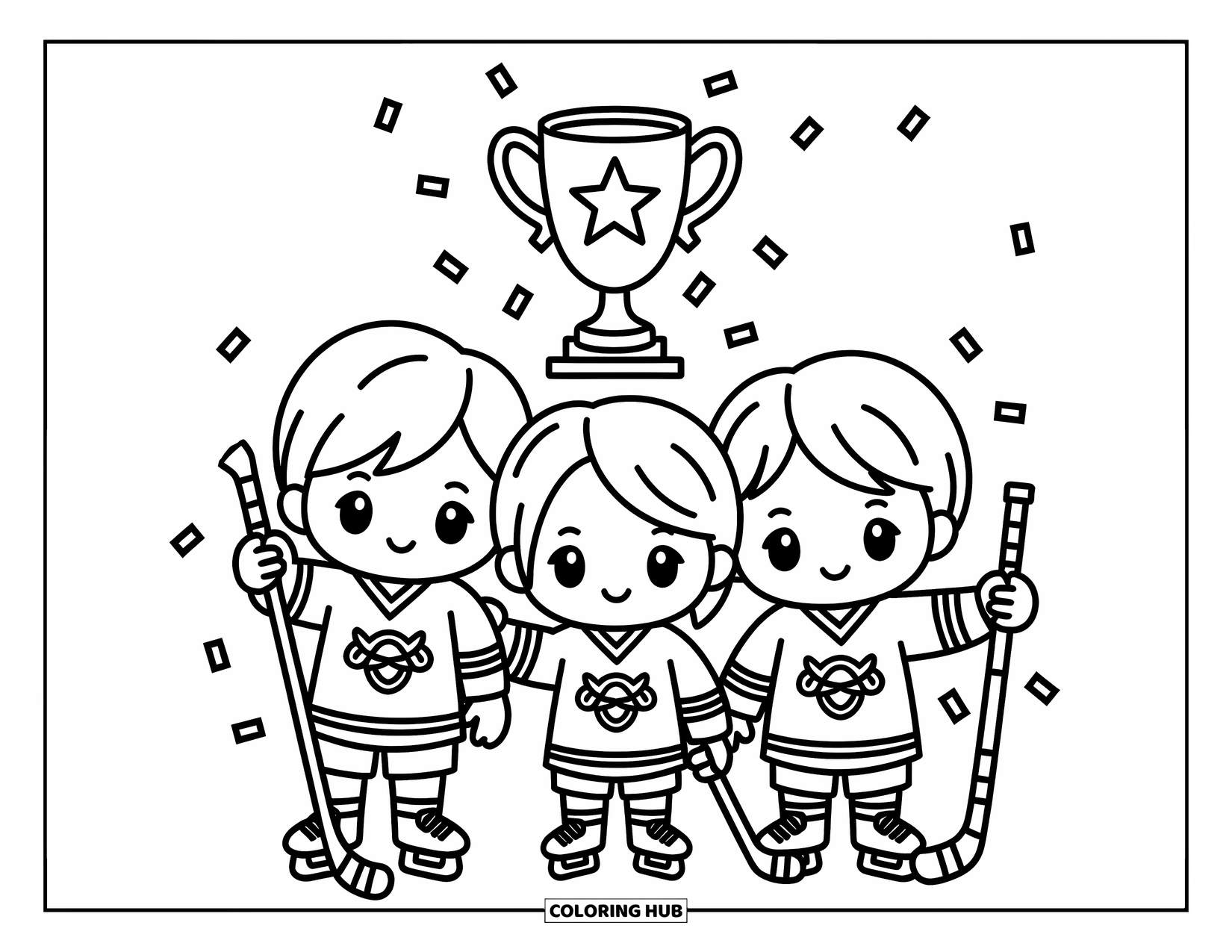 Hockey Coloring Page for Adults: Three chibi teammates pose proudly with hockey sticks, confetti, and floating gear around them