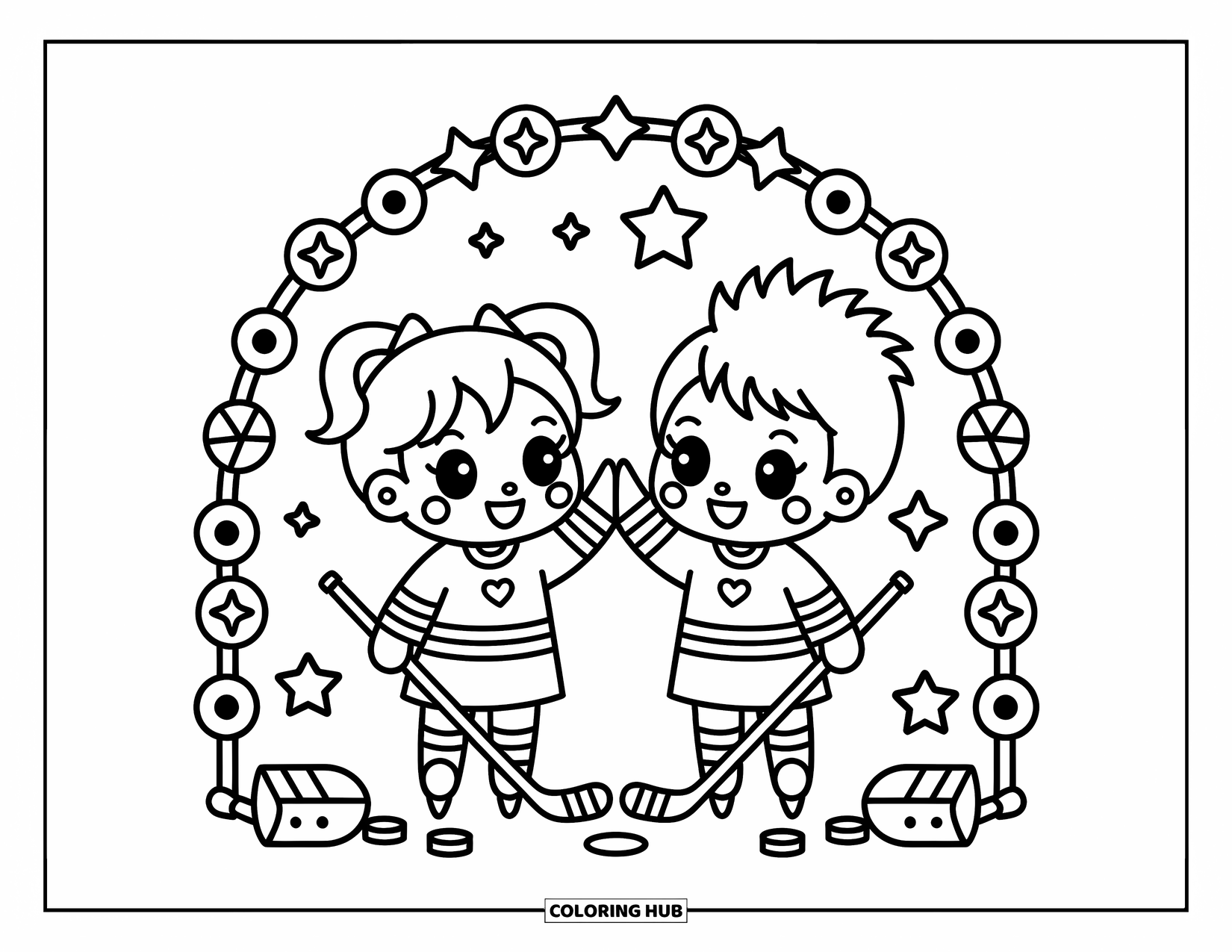 Hockey Coloring Page for Adults: Two chibi friends with fun hairstyles high-five with hockey sticks under a decorative arch