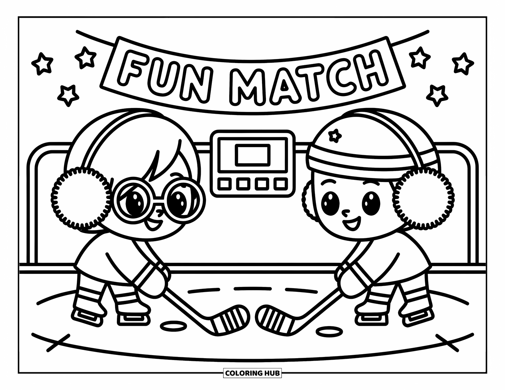 Hockey Coloring Page for Adults: Two chibi players face off on the ice, with a scoreboard and banner floating above them