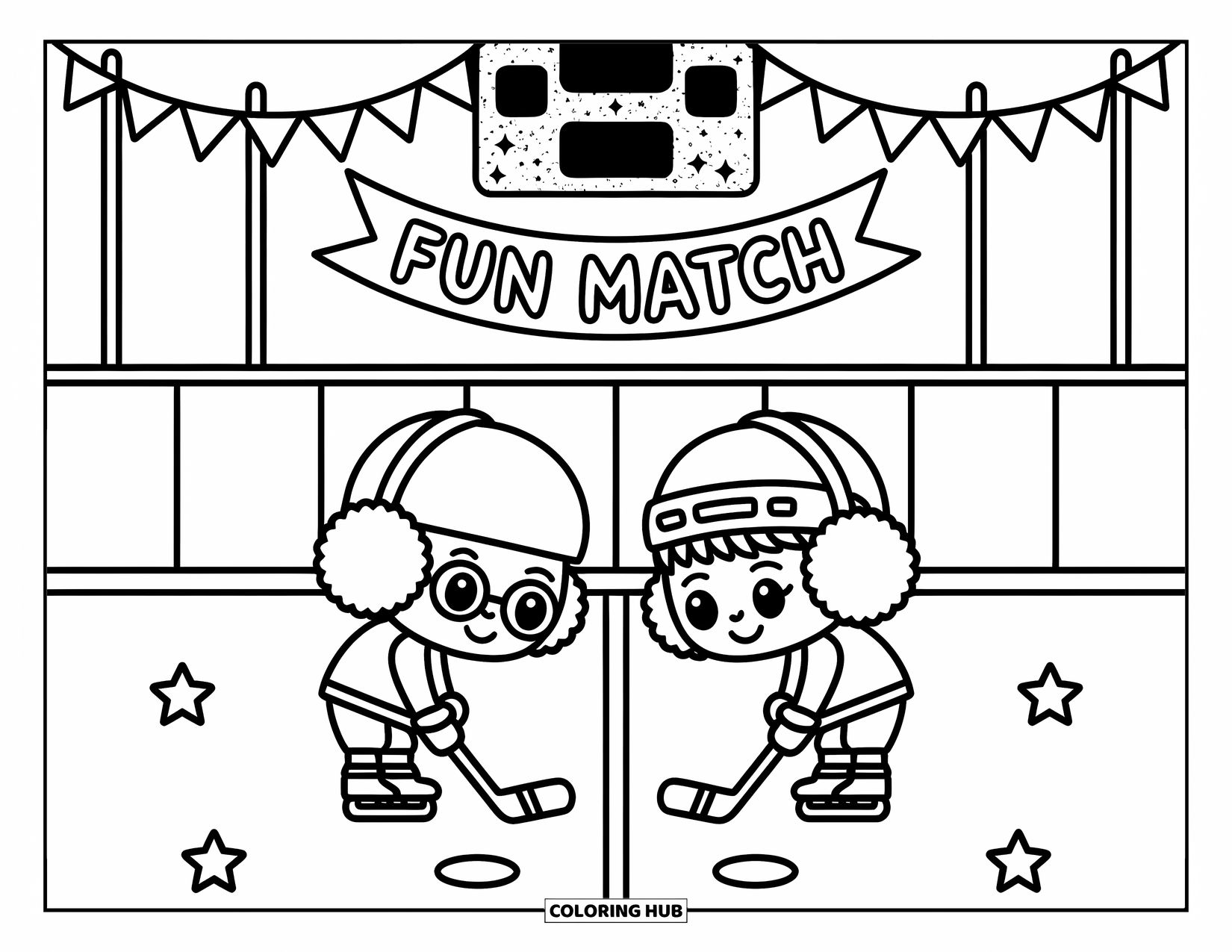 Hockey Coloring Page for Adults: Two playful chibi kids get ready for a hockey match under a fun banner and scoreboard