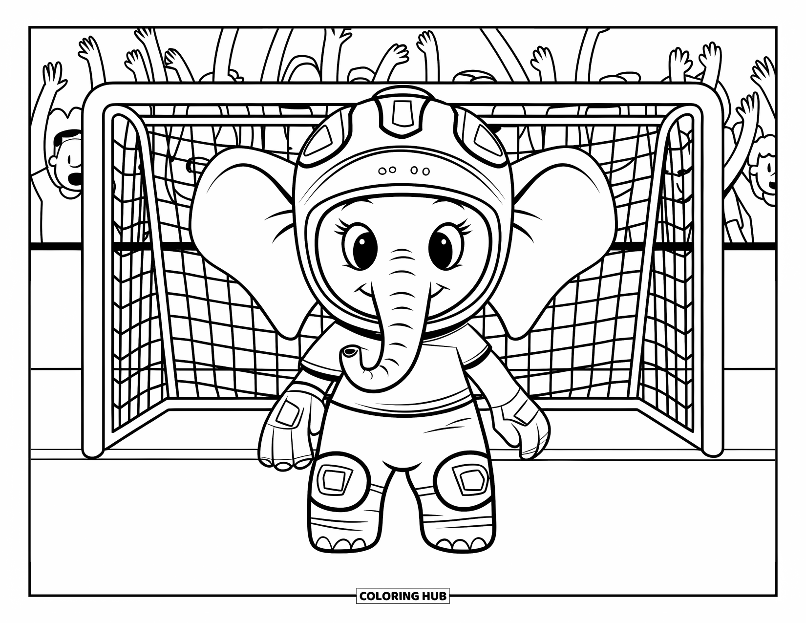 Hockey Coloring Page for Kids: A baby elephant in full goalie gear stands on a soccer field with cheering fans