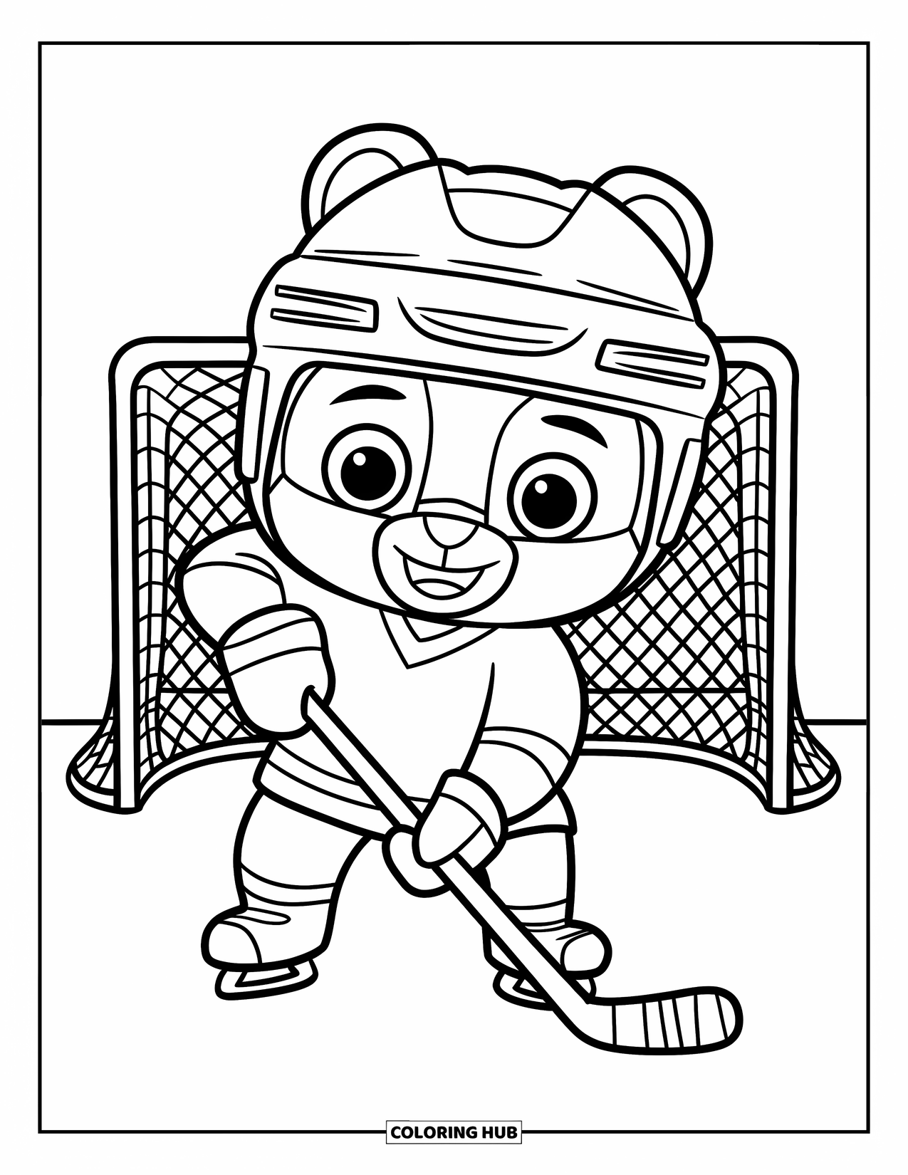 Hockey Coloring Page for Kids: A bear with a stick stands on the ice near a goalpost, ready to play