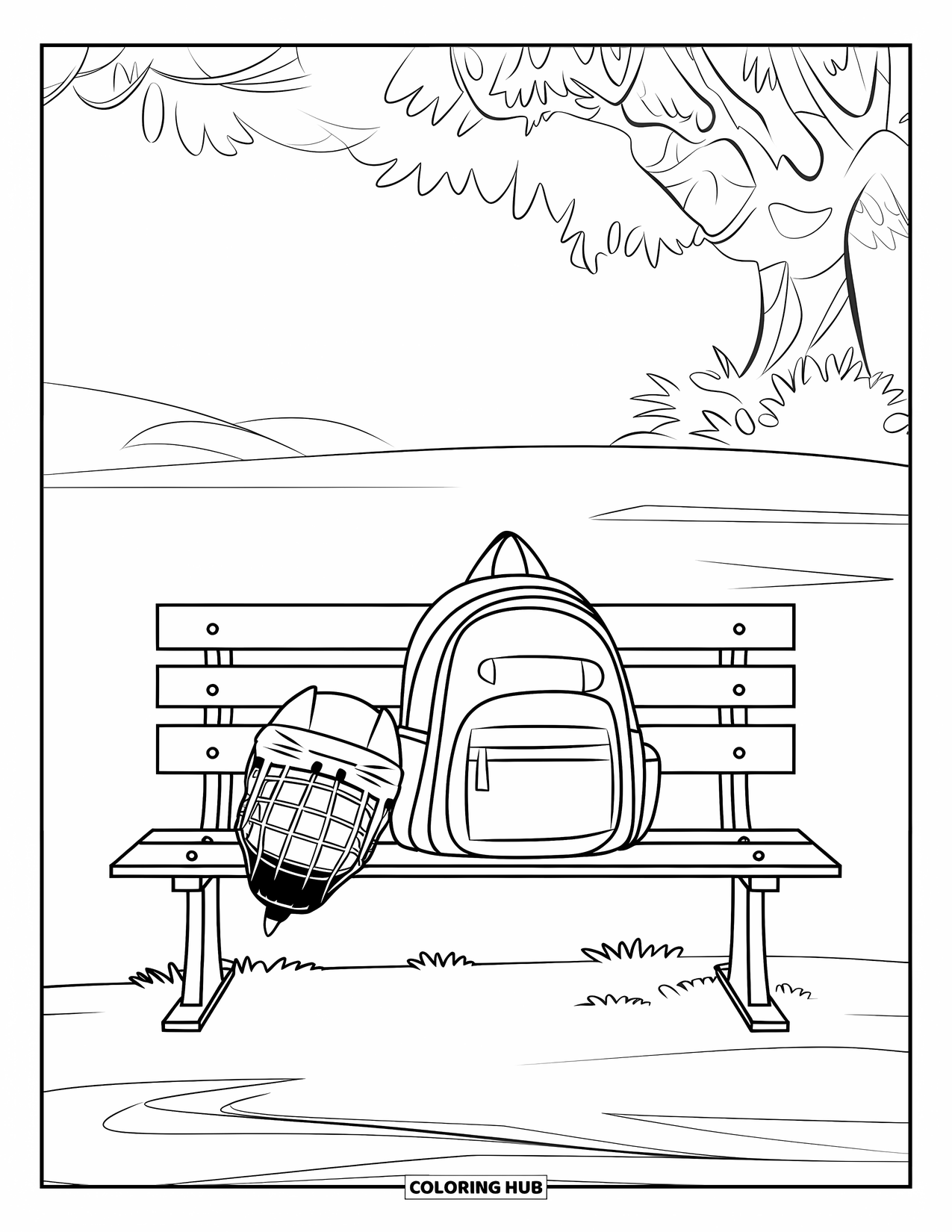 Hockey Coloring Page for Kids: A bench holds a backpack and gear near a tree in a wide, snowy field
