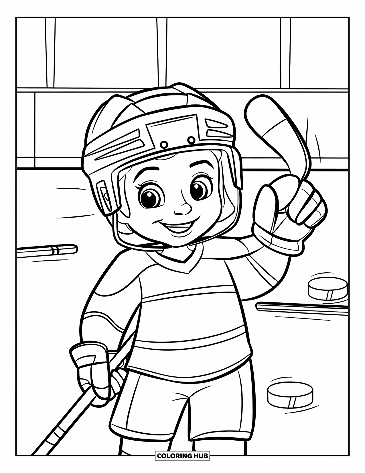 Hockey Coloring Page for Kids: A cheerful child in a jersey waves near sticks, pucks, and blue rink lines