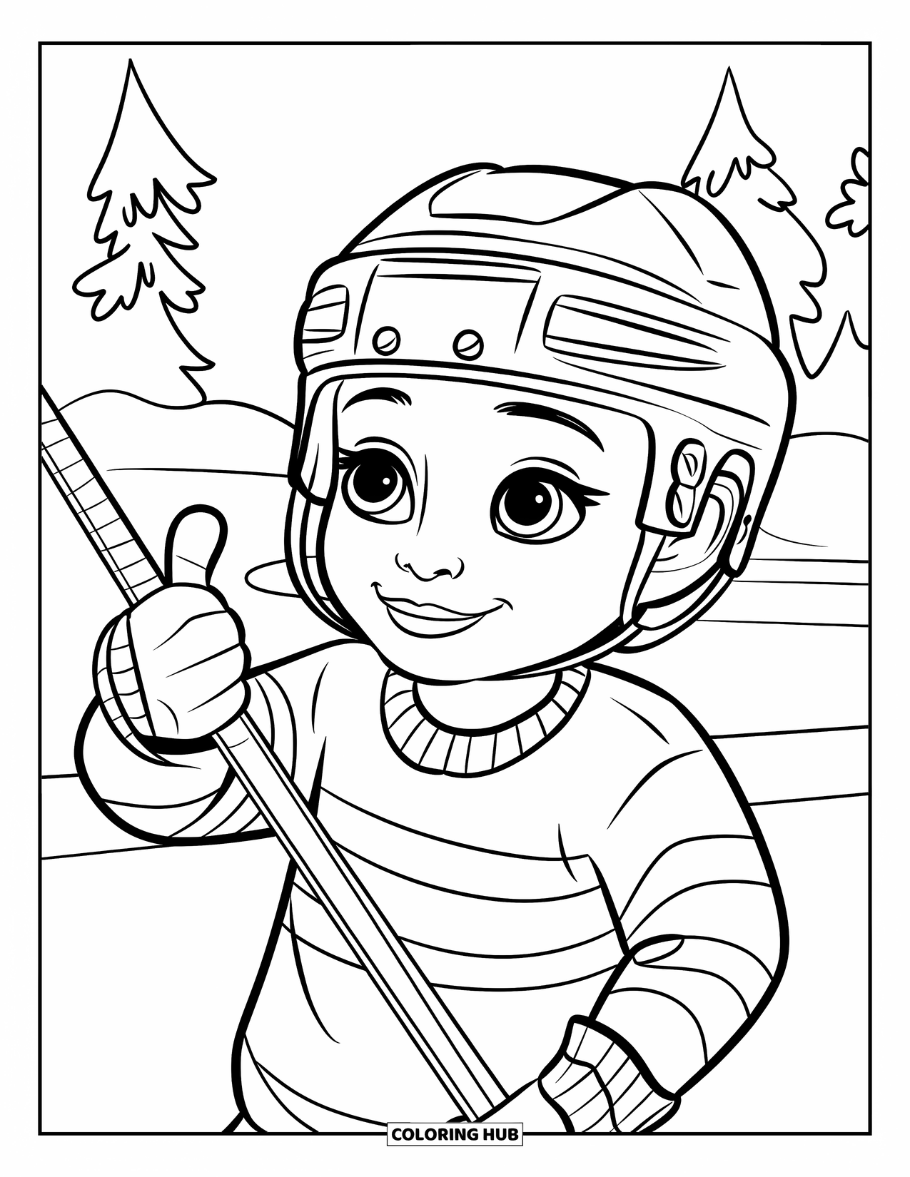 Hockey Coloring Page for Kids: A cheerful child with a helmet gives a thumbs-up near trees and snow