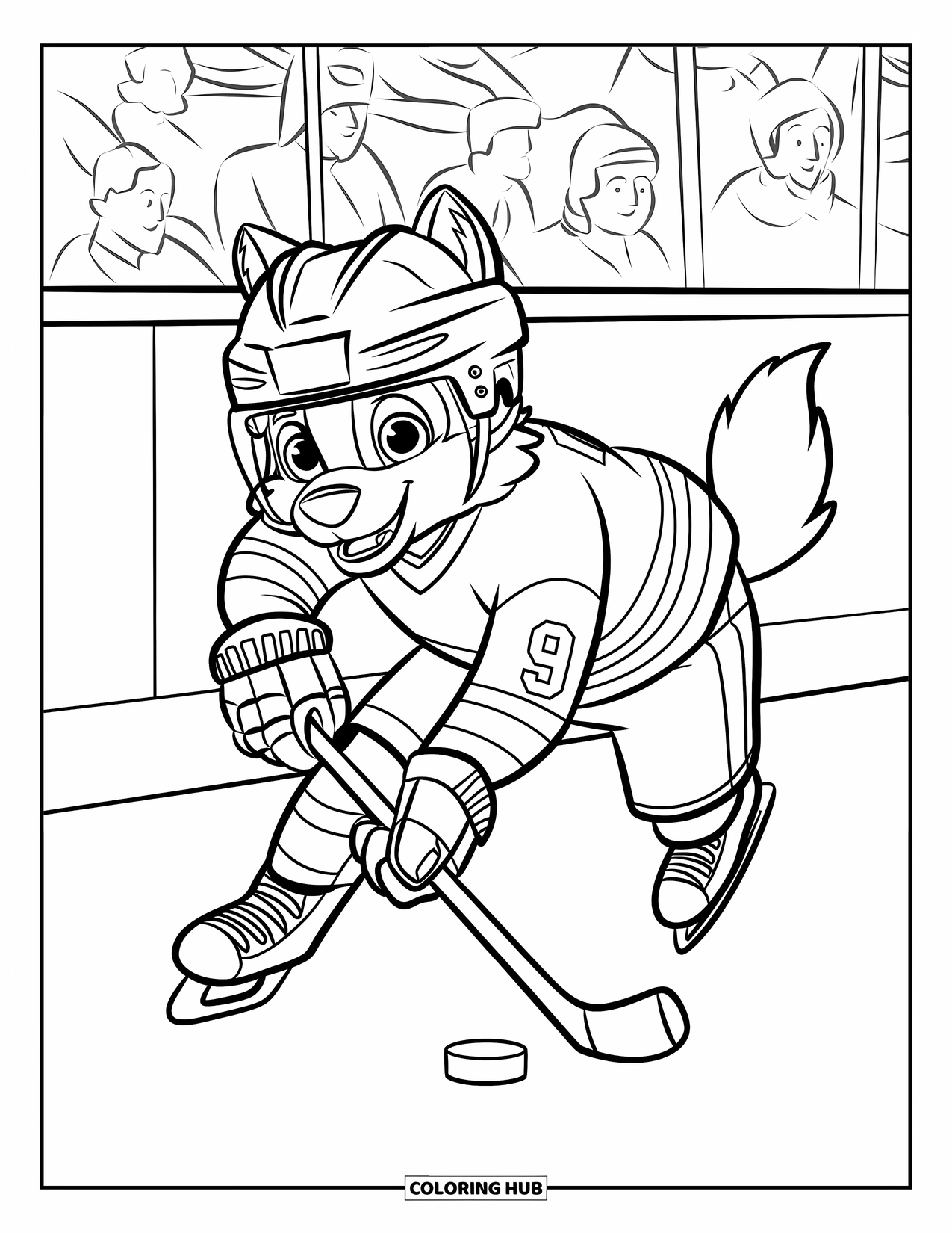 Hockey Coloring Page for Kids: A cheerful wolf with a horned helmet skates forward as spectators fill the background
