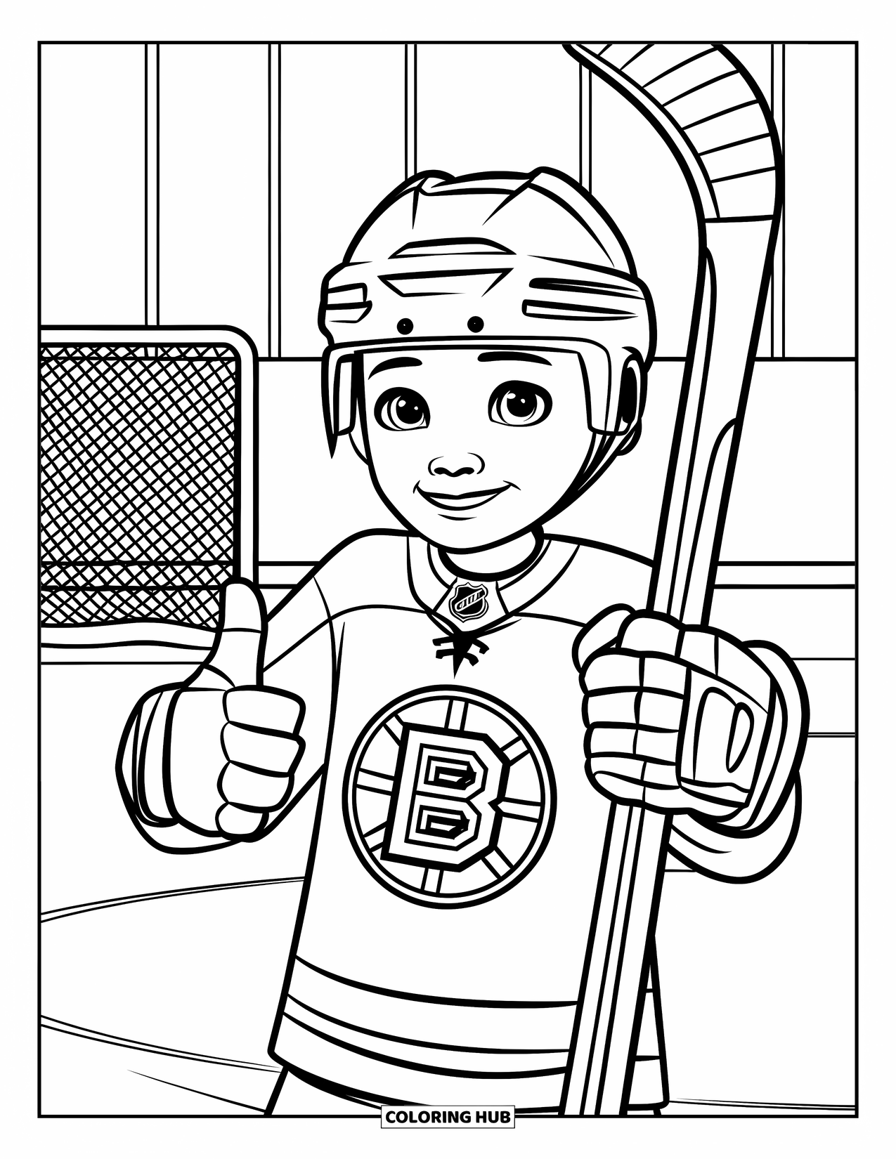 Hockey Coloring Page for Kids: A child in a jersey gives a thumbs-up with a stick near a hockey net
