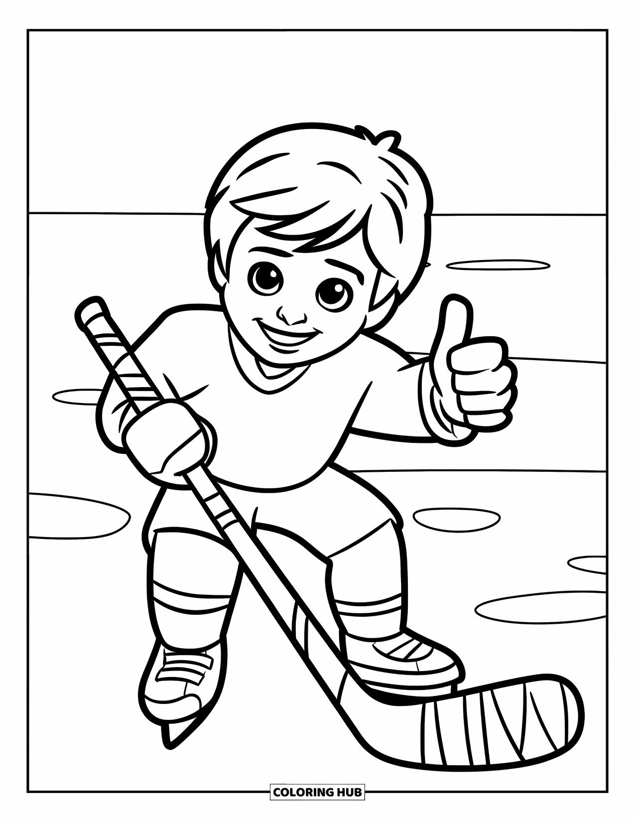 Hockey Coloring Page for Kids: A child stands on a snowy field with a stick and a thumbs-up