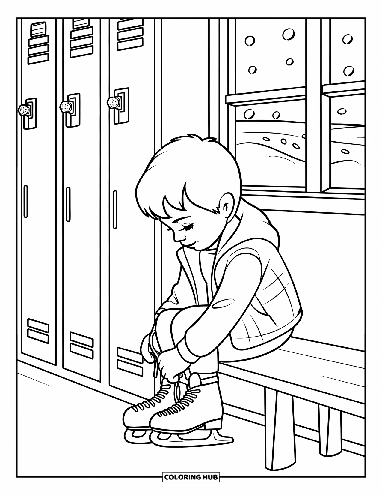 Hockey Coloring Page for Kids: A child ties skates in a locker room with a window showing a snowy view