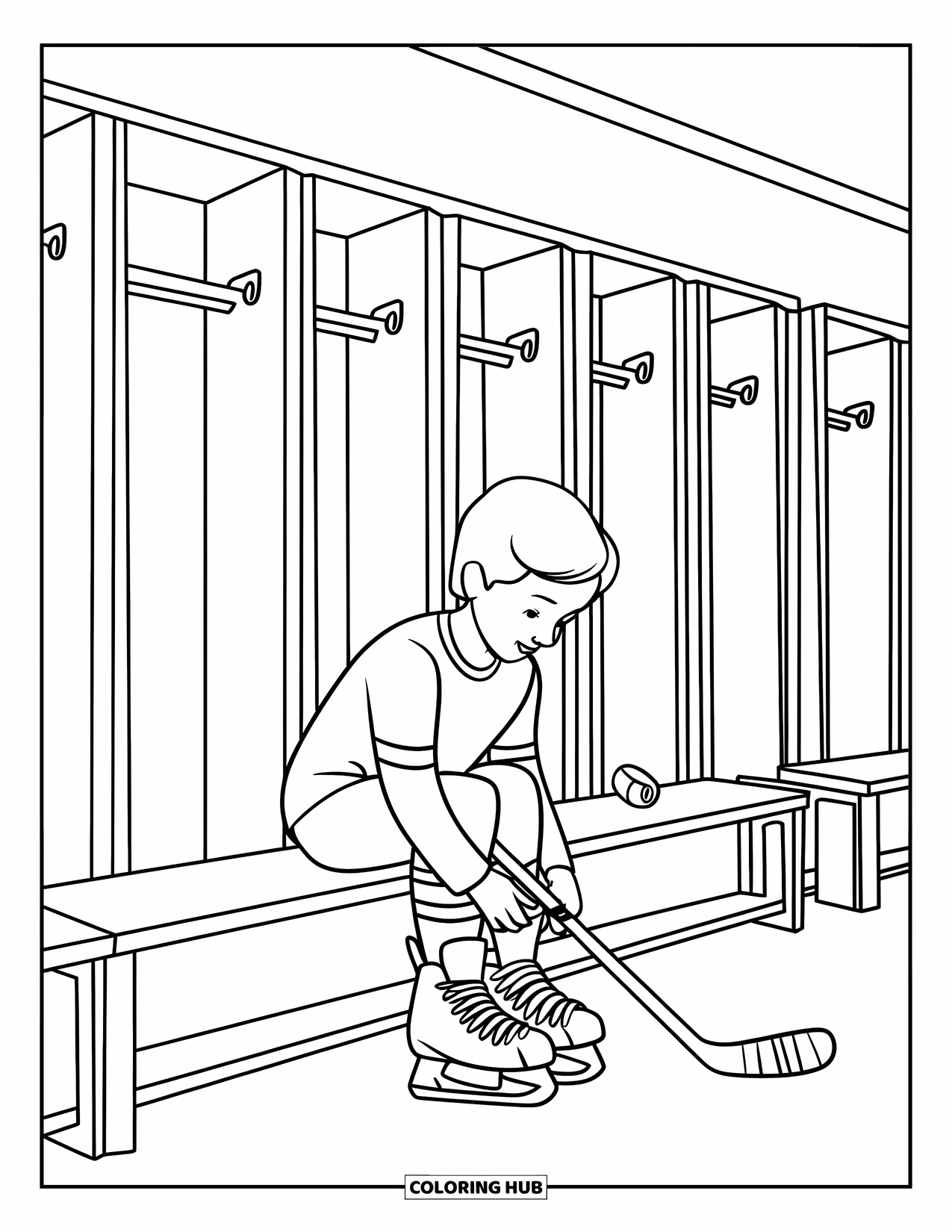 Hockey Coloring Page for Kids: A child ties their skates on a bench beside lockers and a hockey stick