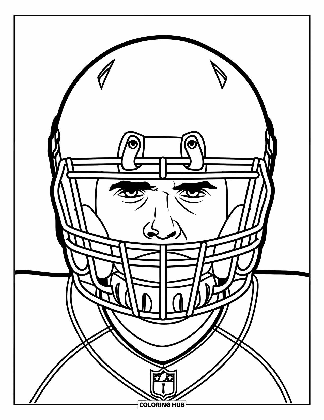 Hockey Coloring Page for Kids: A close-up shows a focused player inside a helmet, ready for action