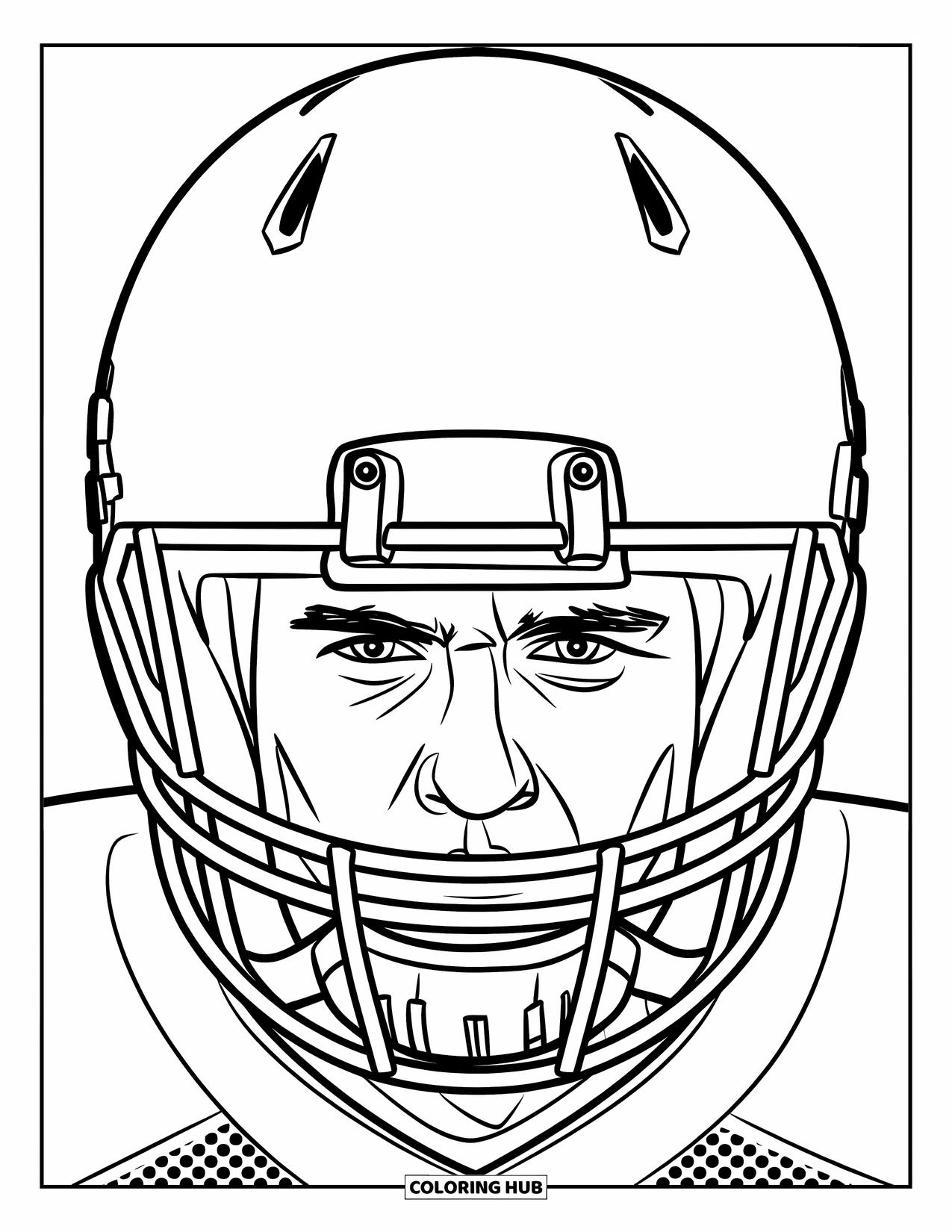 Hockey Coloring Page for Kids: A football player's face shows focus and determination from inside the helmet
