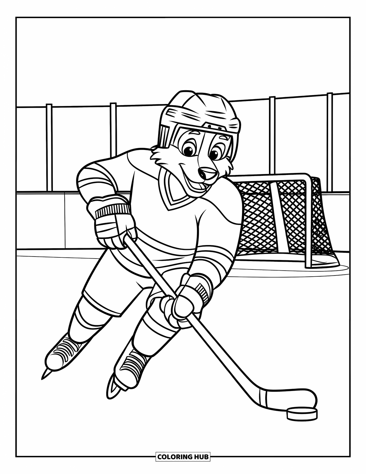 Hockey Coloring Page for Kids: A friendly wolf in hockey gear skates forward near the goalposts and benches