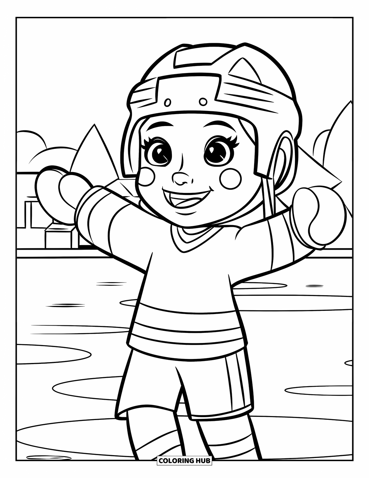 Hockey Coloring Page for Kids: A girl celebrates a goal on a frozen lake near trees and a building