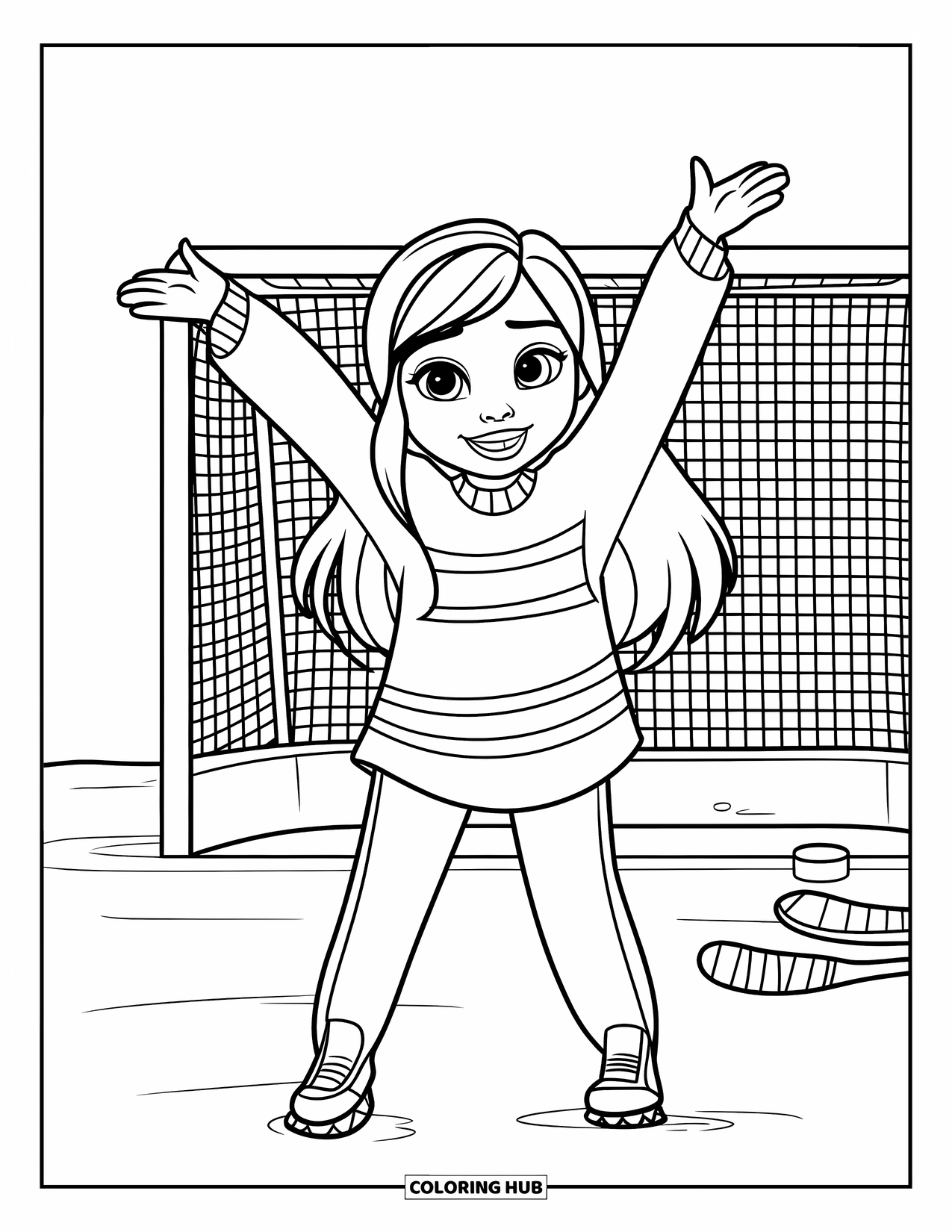 Hockey Coloring Page for Kids: A girl cheers on a snowy field with sticks and a goal behind her