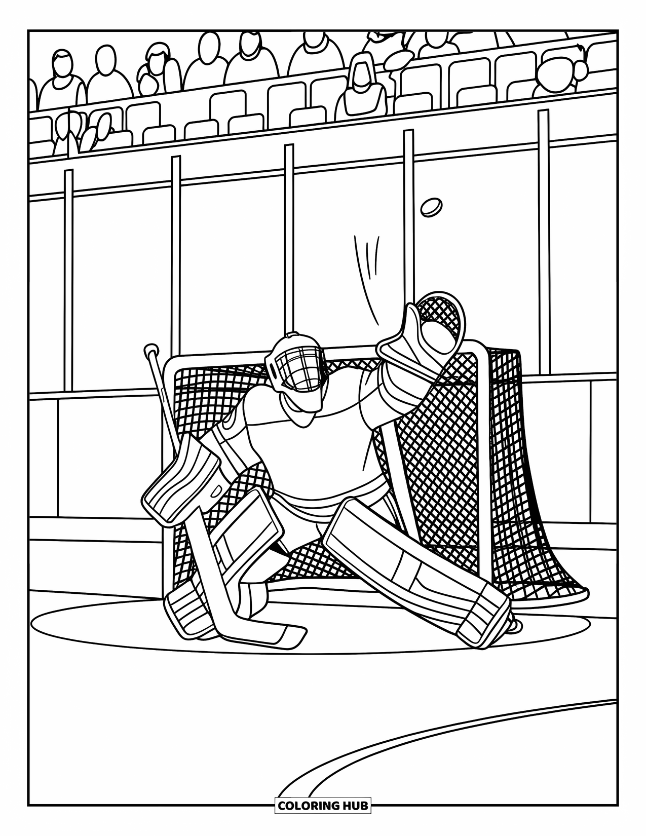 Hockey Coloring Page for Kids: A goalie blocks a mid-air puck with a cheering crowd behind the hockey rink